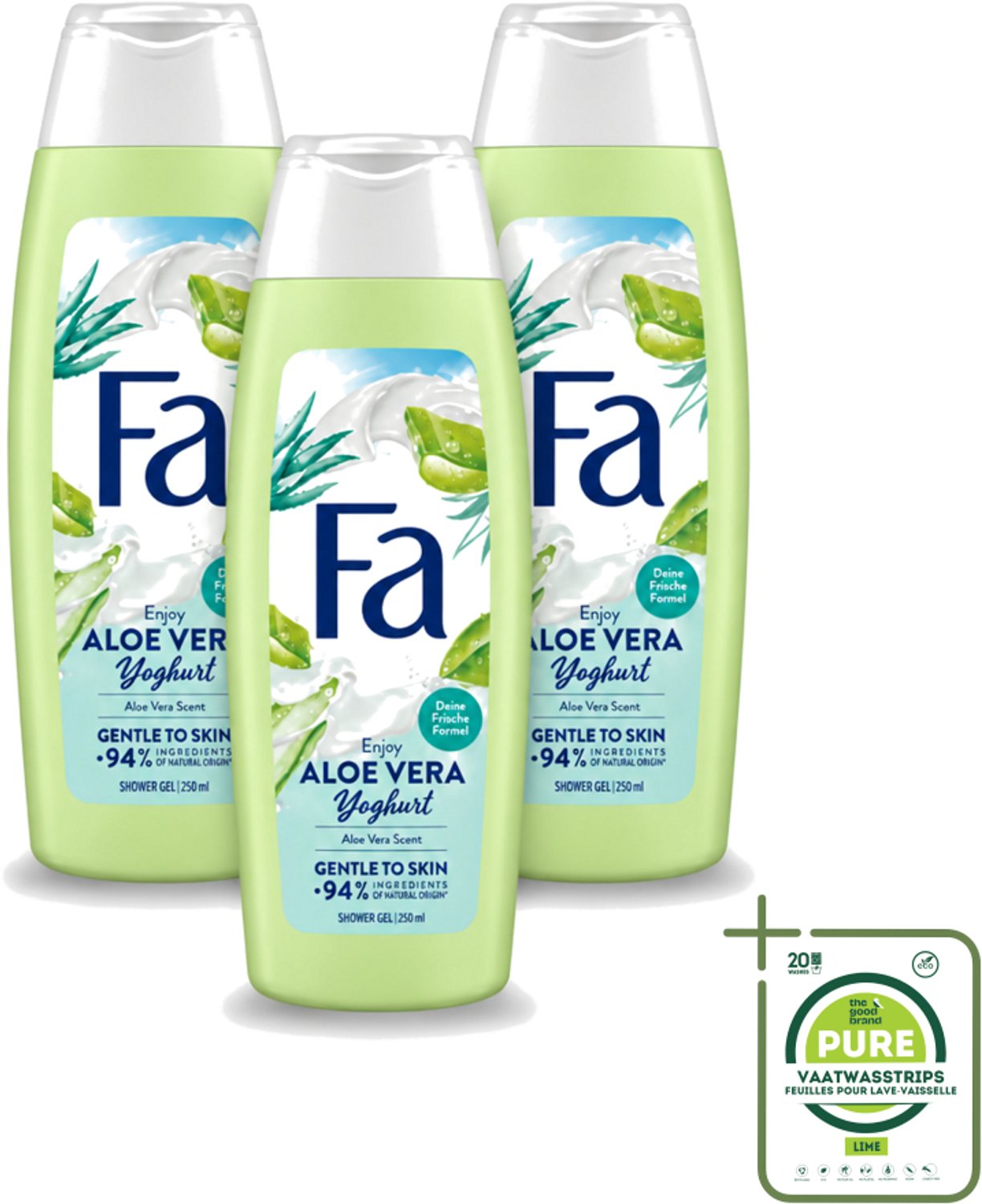 3 x Fa - Douchegel - Yoghurt & Aloe Vera - 250 ml - Grootverpakking - Vaatwasstrips - Douchegel Yoghurt Aloe Vera - Yoghurt Douchegel - Aloe Vera Douchegel - Verzorgende Douchegel - Hydraterende Douchegel