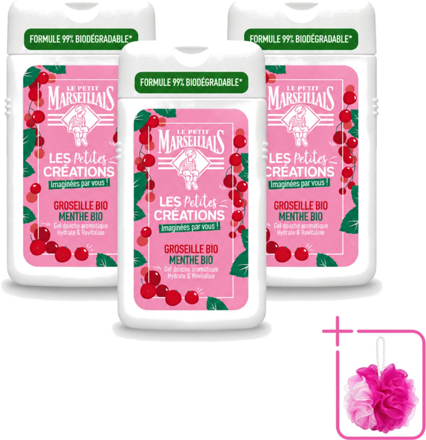3 x Le Petit Marseillais - Douchegel - Rode bessen & Munt - Hydraterend - 250ml - Bulkverpakking - Douchegel - Douchemop - Hydraterende douchegel
