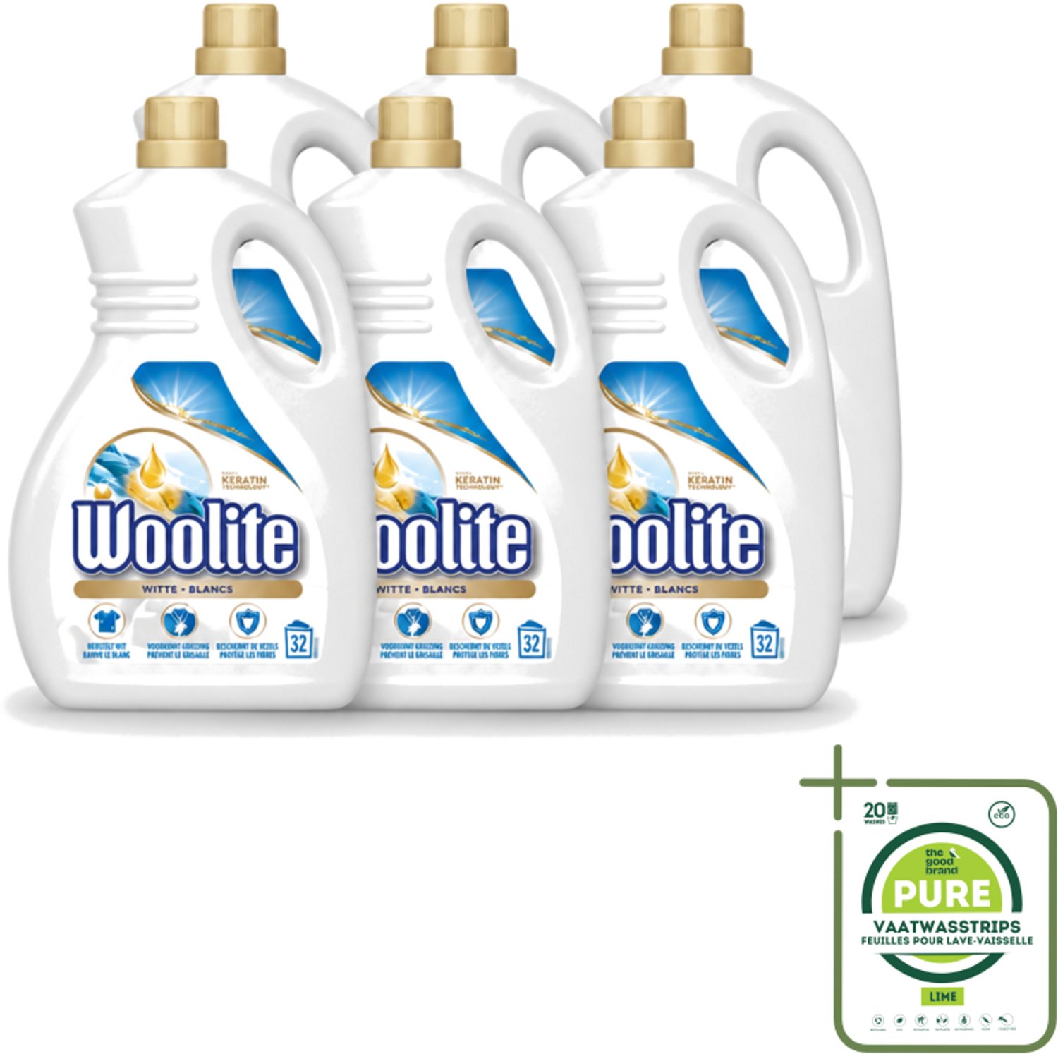 6 x Woolite White - Vloeibaar Wasmiddel - Met Keratine - Witte Was - 32 Wasbeurten - 1,9L - Grootverpakking - Vaatwasstrips - Wasmiddel Wit - Keratine Wasmiddel - Witte Was - Witte Kleding - Wasbeurten