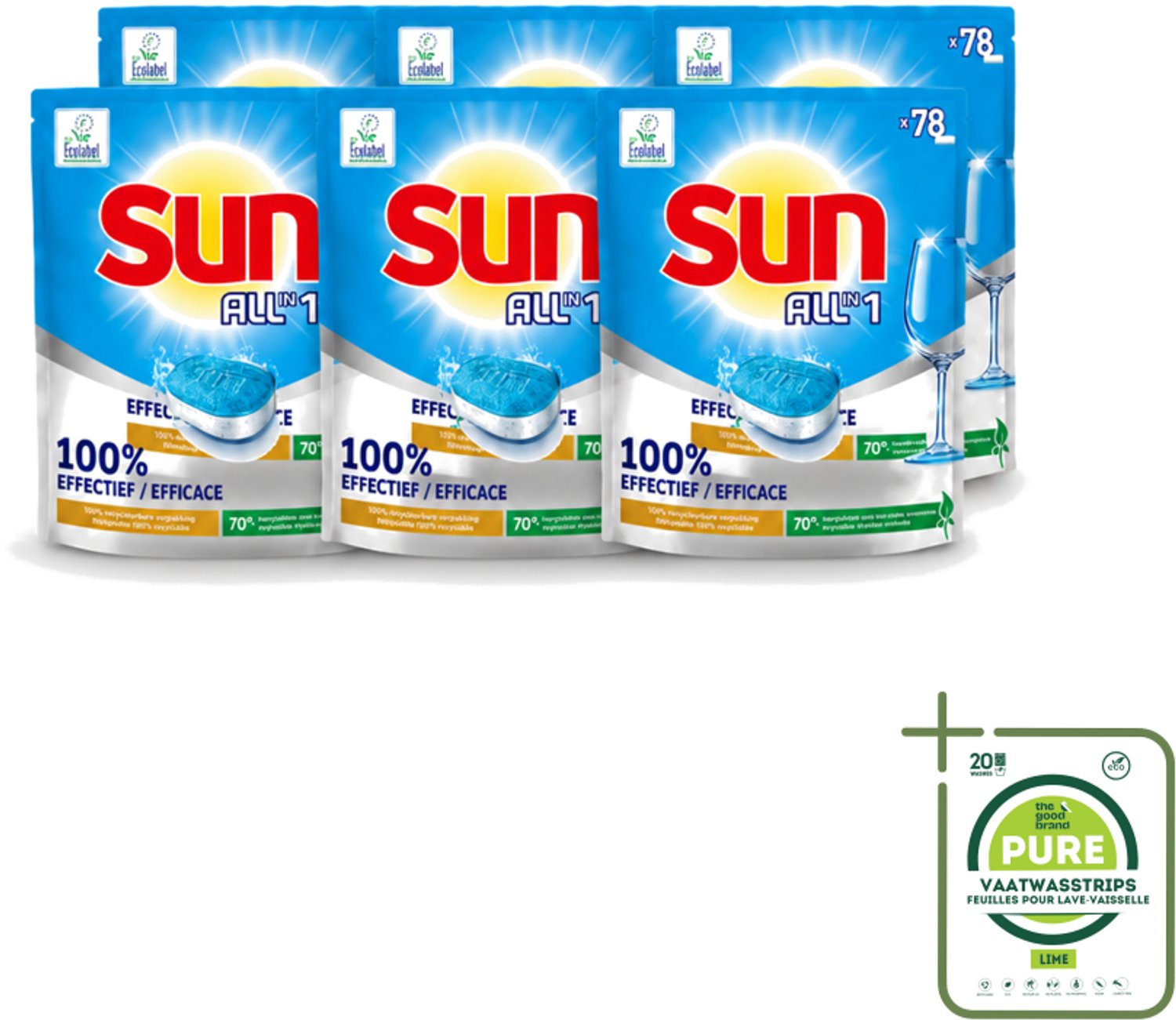 6 x Sun All-in-1 - Eco Label - Vaatwastabletten - 78 Tabletten - Grootverpakking - Vaatwasstrips - Vaatwastabletten - Milieuvriendelijke Vaatwas - Eco Label - Vaatwasser Tabletten - Vet Verwijderen