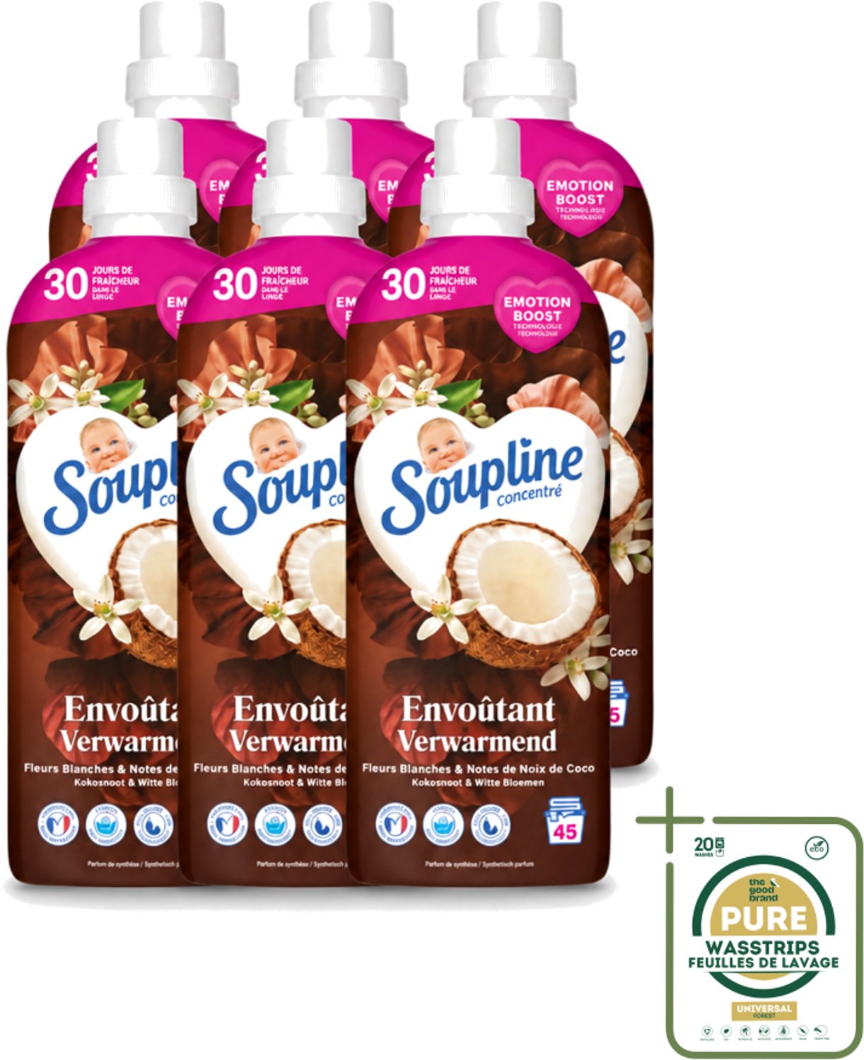 6 x Soupline – Wasverzachter – Verwarmende Kokosnoot & Witte Bloemen – 950 ml - Wasstrips - Wasverzachter - Kokosnoot - Witte Bloemen - Warme Geur - Wasgoed
