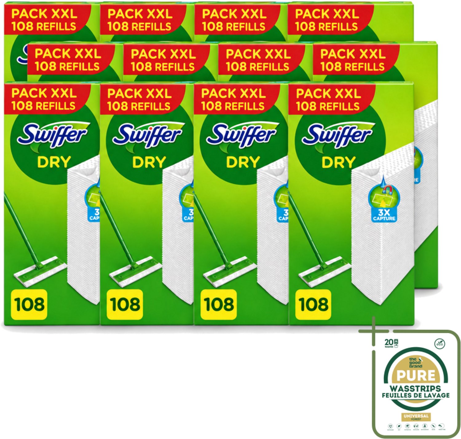12 x Swiffer – Vloerdoekjes – Dry Navullingen – 108 doekjes - Wasstrips - Vloerdoekjes - Schoonmaken - Stofzuigen - Haren Verwijderen - Droge Vloerdoekjes