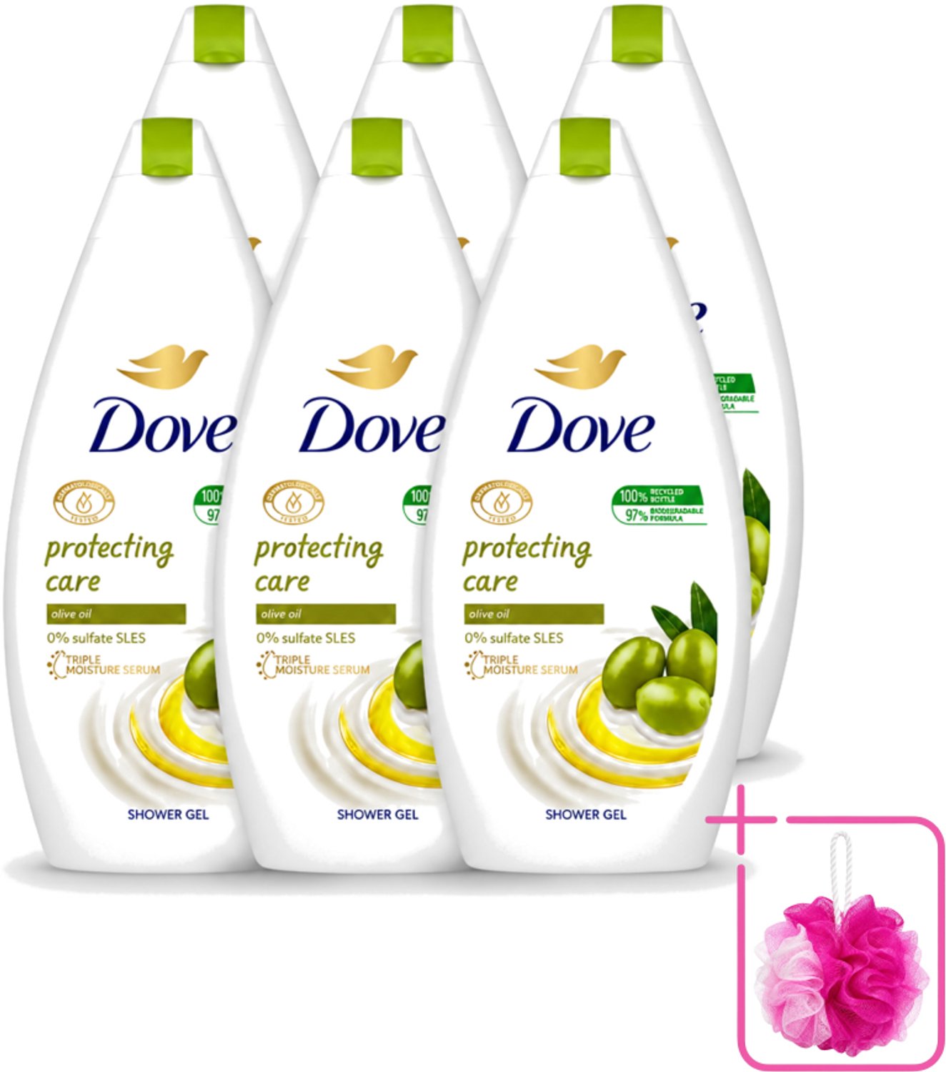 6 x Dove Protecting Care - Douchegel - Olijfolie - Sulfaatvrij - 450 ml - Bulkverpakking - Douchegel - Douchemop - Olijfolie