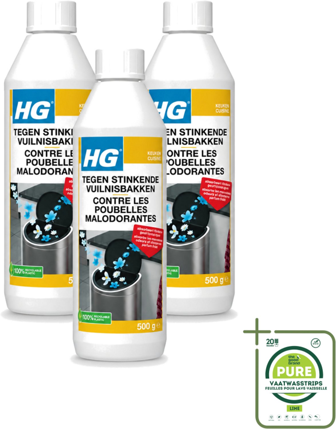 3 x HG - Tegen Stinkende Vuilnisbakken - Neutraliseert Geuren - 500 g - Grootverpakking - Vaatwasstrips - Stinkende Vuilnisbakken - Geurneutraliseren - Afvalgeuren - Vuilnisbak Geuren - Afvalcontainer Geuren