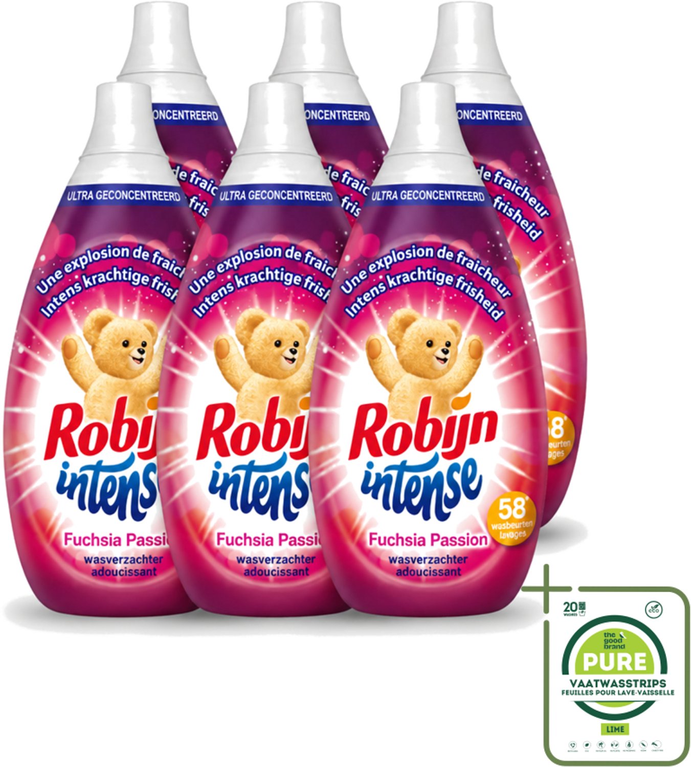 6 x Robijn Intense - Wasverzachter - Intense Fuchsia Passion - 870ml - 58 Wasbeurten - Grootverpakking - Vaatwasstrips - Wasverzachter - Wasverzachter Fuchsia Passion - Wasverzachter Robijn Intense - Wasverzachter Fuchsia - Wasverzachter Voor Kleding