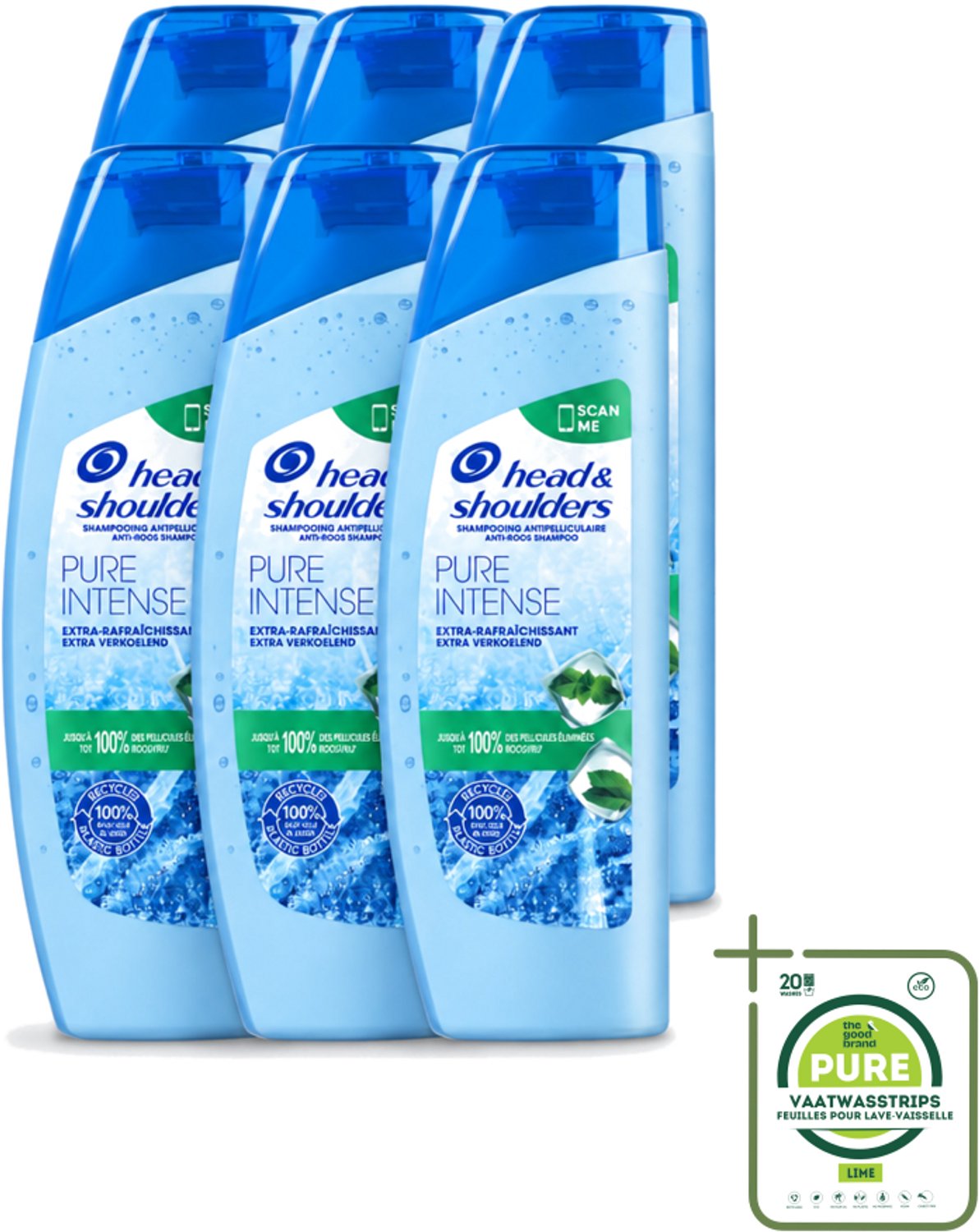 6 x Head & Shoulders - Anti-Roos Shampoo - Pure Intense - Extra Verkoelend - 250 ml - Grootverpakking - Vaatwasstrips - Roosvrij Haar - Roosbestrijding - Verkoelend Shampoo - Menthol Shampoo - Frisse Geur