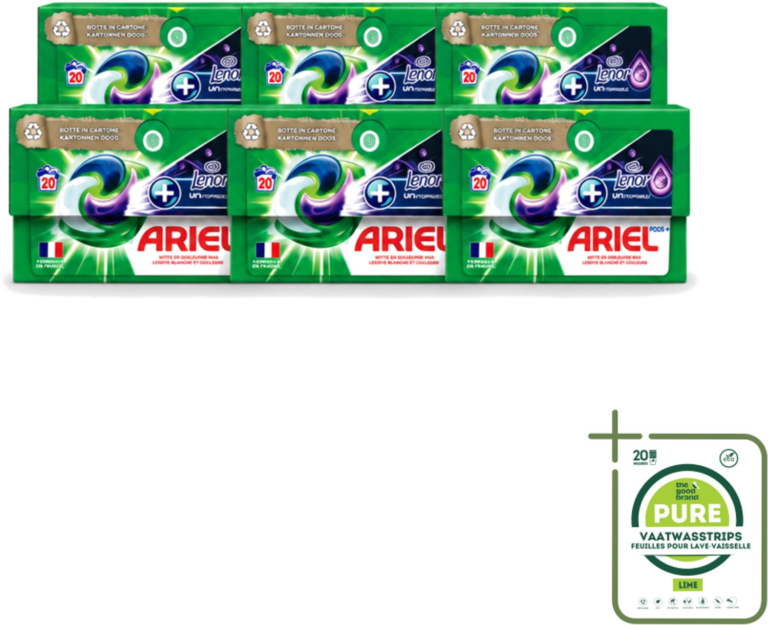 6 x Ariel Original - Touch of Lenor Unstoppables - Wasmiddelcapsules - Pods+ - Witte en Gekleurde Was - 20 Wasbeurten - Grootverpakking - Vaatwasstrips - Wasmiddelcapsules - Reiniging - Vlekken Verwijderen - Frisheid - Koud Was
