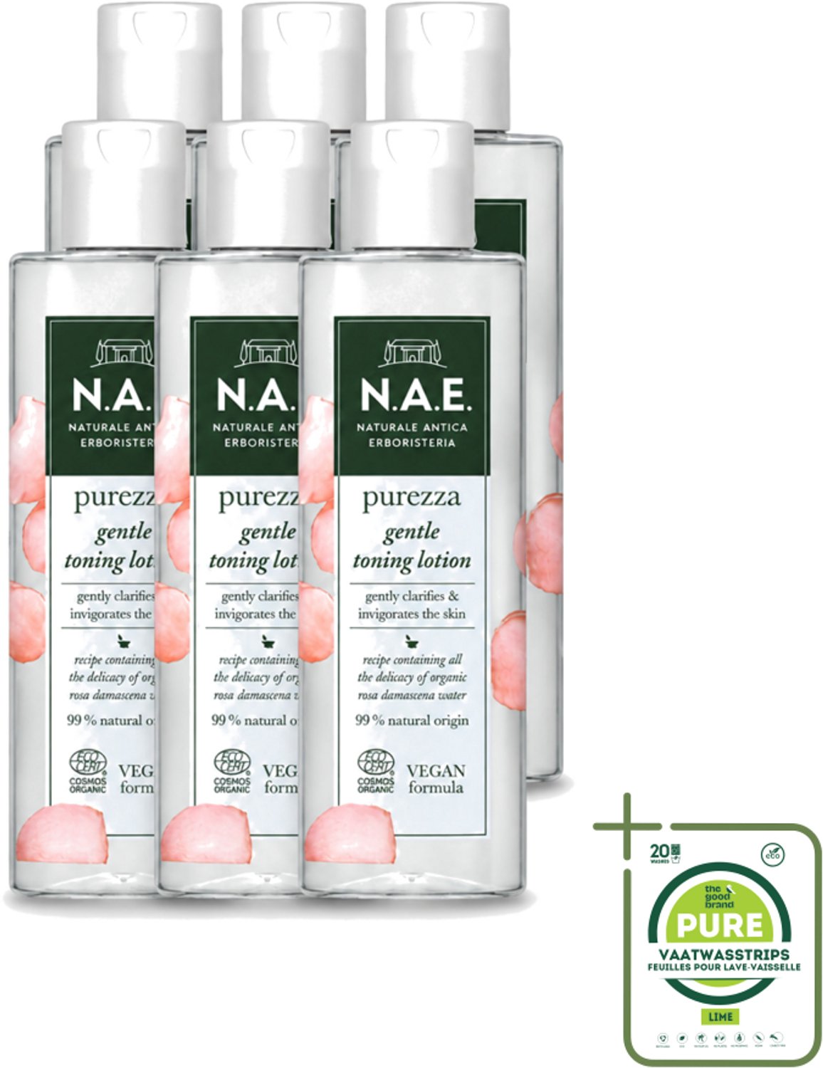 6 x N.A.E. - Toning Lotion - Zuiverend & Hydraterend - Biologisch & Vegan - 200ml - Grootverpakking - Vaatwasstrips - Natuurlijke Huidverzorging - Biologische Toning - Rozenwater - Huidzuivering - Huidhydratatie