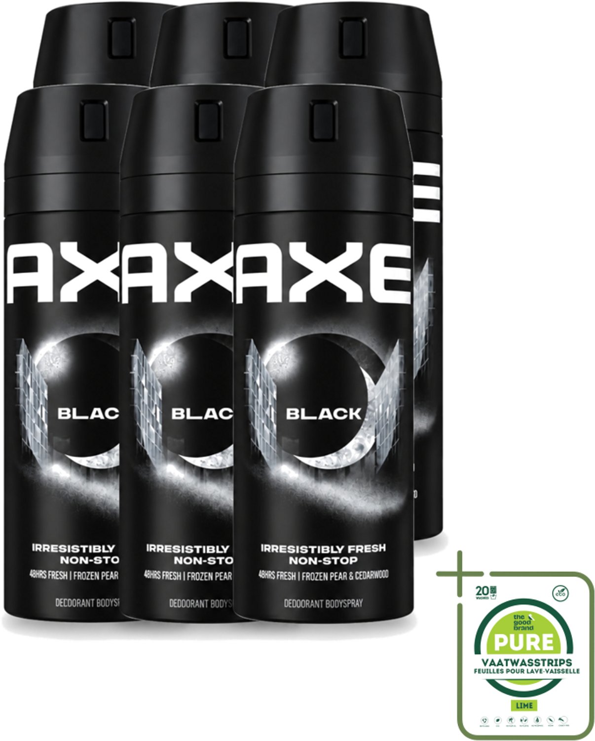 6 x Axe - Deodorant Bodyspray - 48hrs Fresh - Black - Frozen Pear & Cedarwoord - 150 ml - Grootverpakking - Vaatwasstrips - 48 Uur Bescherming - Deodorant Spray - Bevroren Peer - Cedarwood - Aluminiumvrije Deodorant