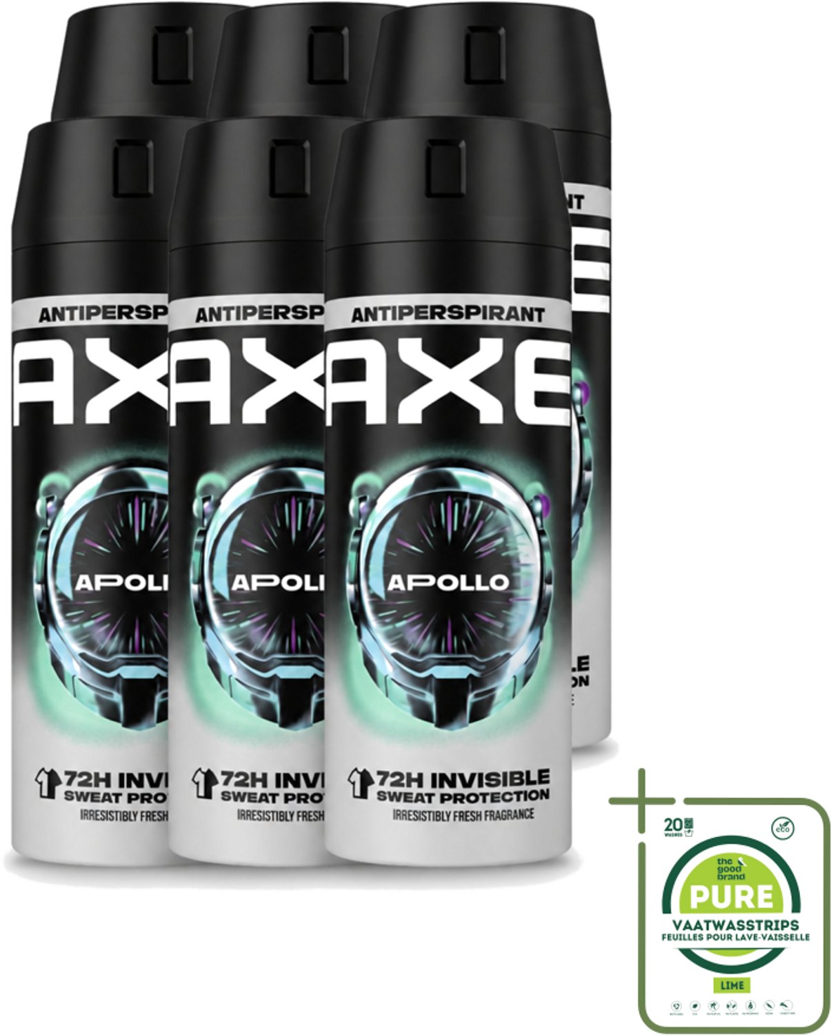 6 x Axe - Deodorant Spray - 72hrs Anti Sweat - Apollo - 150 ml - Grootverpakking - Vaatwasstrips - Anti Transpirant Spray - Zweetbestendig - 72 Uur Bescherming - Geur Groen Fruit - Geur Sandelhout