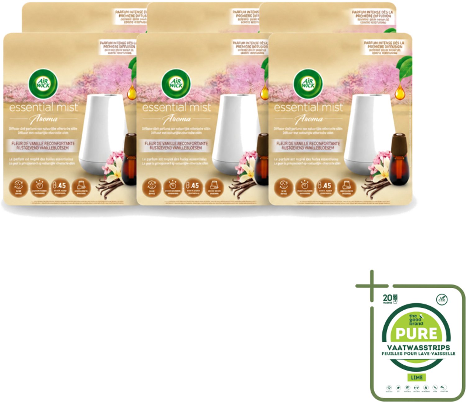 6 x Air Wick Essential Mist - Elektrische Geurverspreider - Starterkit - Rustgevende Vanillebloesem - 20ml - Grootverpakking - Vaatwasstrips - Geurverspreider - Vanillebloesem - Rustgevende Geur - Essentiële Oliën - Warme Geur