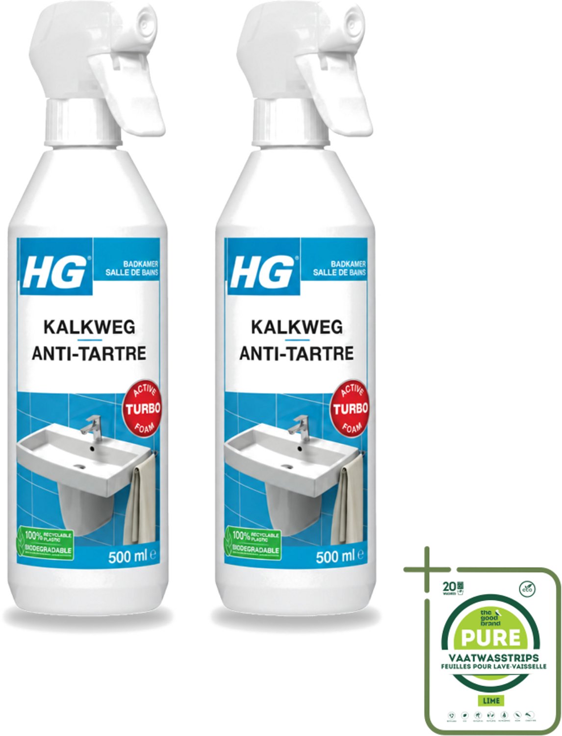 2 x HG - Badkamer - Kalkweg Schuimspray - Verwijdert Kalk Snel - 500 ml - Grootverpakking - Vaatwasstrips - Kalk Verwijderen - Kalkaanslag Verwijderen - Schuimspray Badkamer - Kalk Weg - Badkamer Reinigen