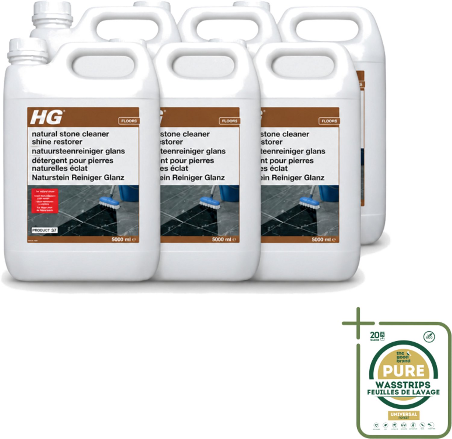6 x HG - Natuursteenreiniger Glans - 40 Dweilbeurten - 5L - Wasstrips - Natuursteen Reinigen - Marmer Reinigen - Glans Herstellen - Natuursteen Schoonmaken - Natuursteen Onderhoud