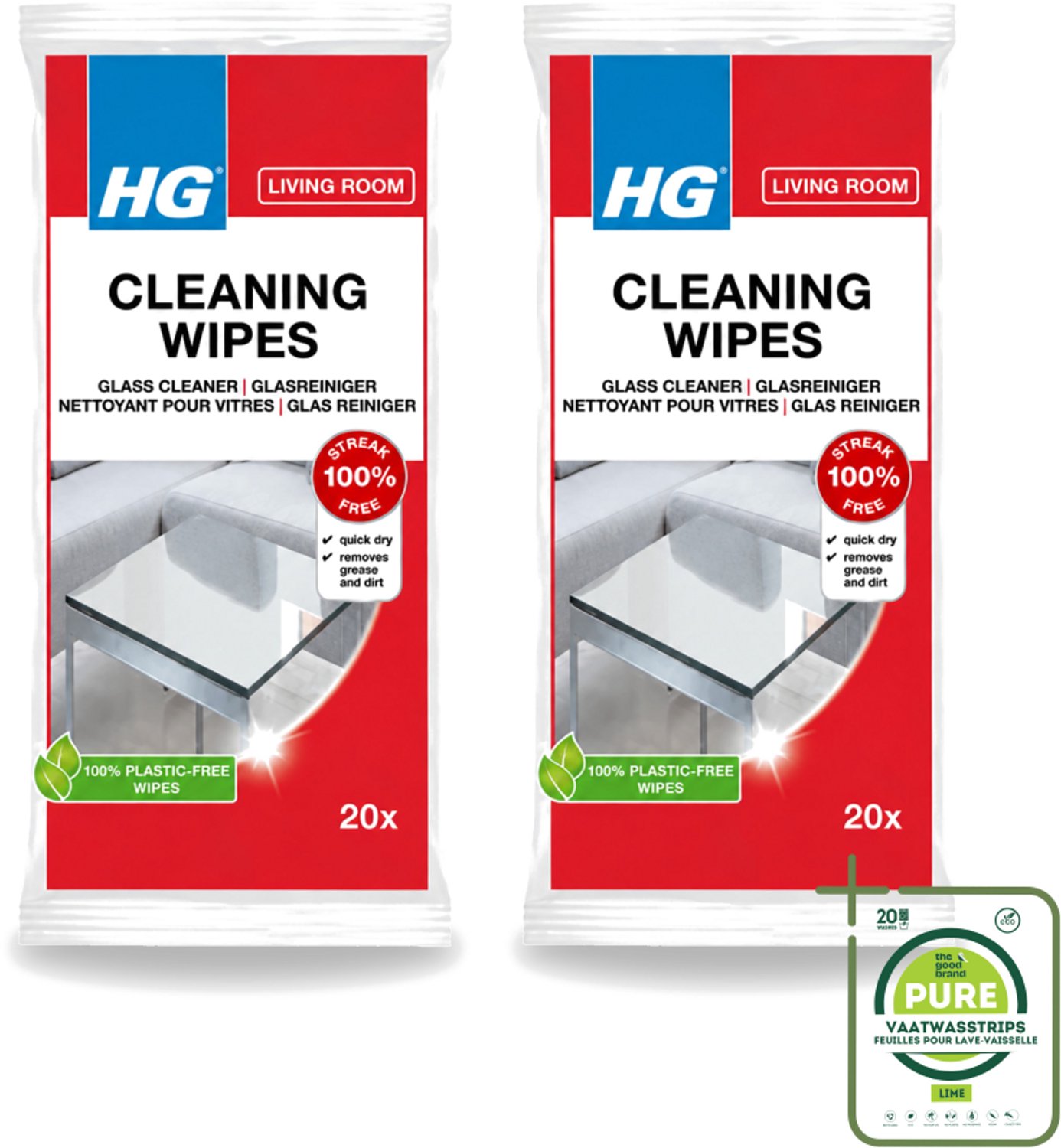 2 x HG - Woonkamer - Glasreinigingsdoekjes - Reinigt Streeploos - 20 Doekjes - Grootverpakking - Vaatwasstrips - Glas Reinigen - Spiegel Reinigen - Streeploos Schoonmaken - Vet En Vuil Verwijderen - Glasdoekjes