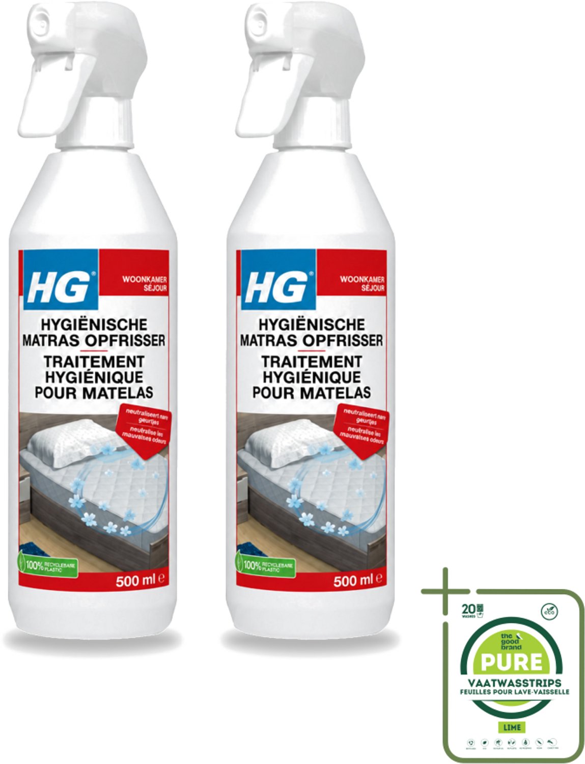 2 x HG - Hygiënische Matras Opfrisser - Werkt Na 30 Minuten - Neutraliseert Nare Geurtjes - 500 ml - Grootverpakking - Vaatwasstrips - Matrasopfrisser - Hygiëne - Geur Verwijderen - Matras Reinigen - Enzymen