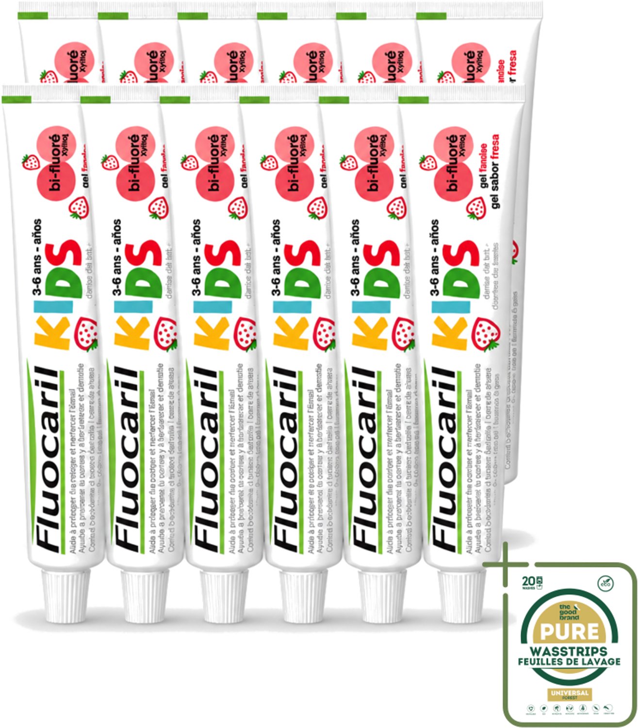 12 x Fluocaril Kids - Bi-Fluoride - Tandpasta - Met Aardbeiensmaak - 3 tot 6 jaar - 50 ml - Wasstrips - Tandpasta Voor Kinderen - Melktanden Beschermen - Bi-fluoride Tandpasta - Aardbeiensmaak Tandpasta - Tandenpoetsen Voor Kinderen