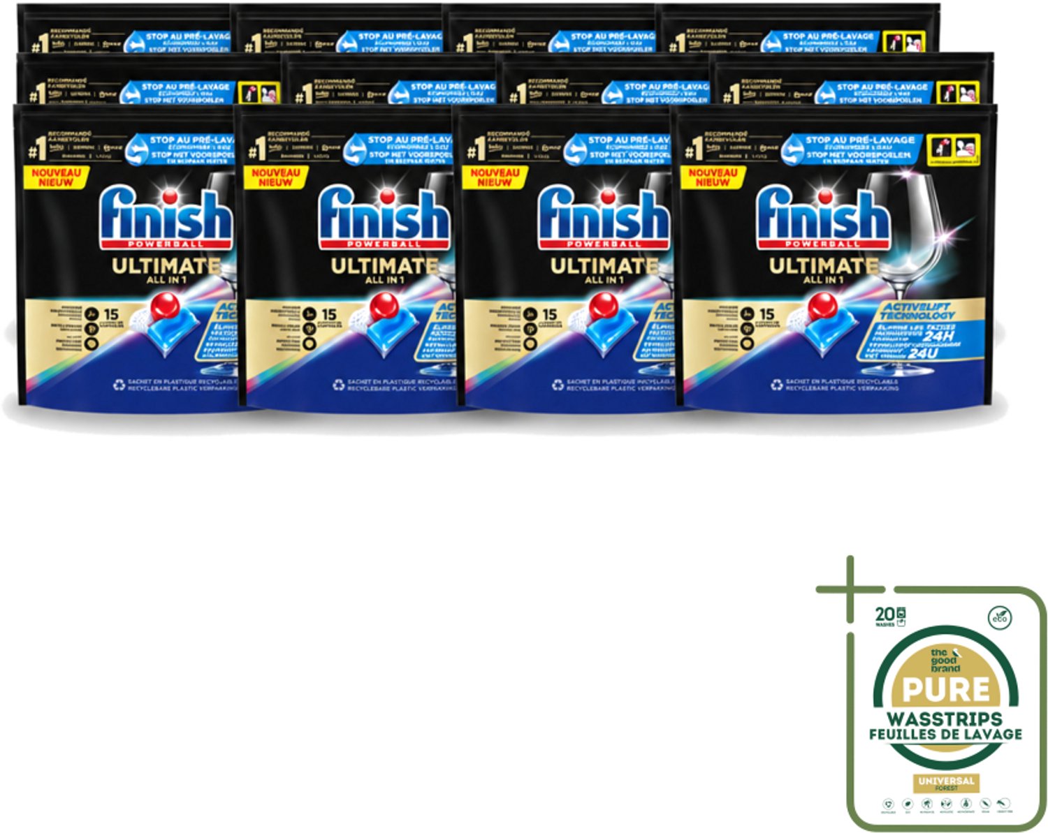 12 x Finish Powerball - Ultimate All in 1 - Vaatwastabletten - Activelift - 15 Capsules - Wasstrips - Vaatwastabletten - Activelift - Reiniging - Glans - Vaatwassen