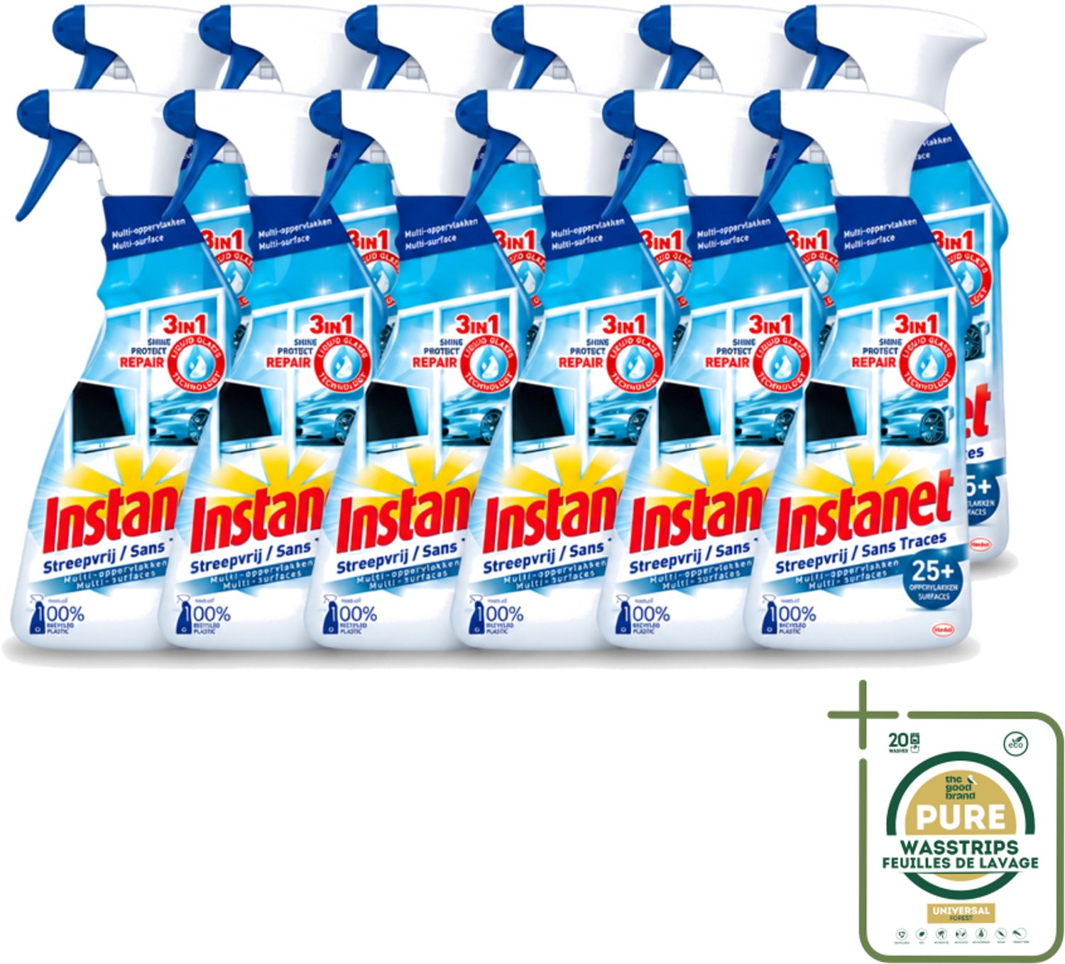 12 x Instanet - Schoonmaakspray - Streepvrij - 3 in 1 - Multi-Oppervlakken - 725 ml - Wasstrips - Schoonmaak Spray - Glas Reinigen - Streepvrije Reiniger - Tv Scherm Reinigen - Spiegel Reinigen