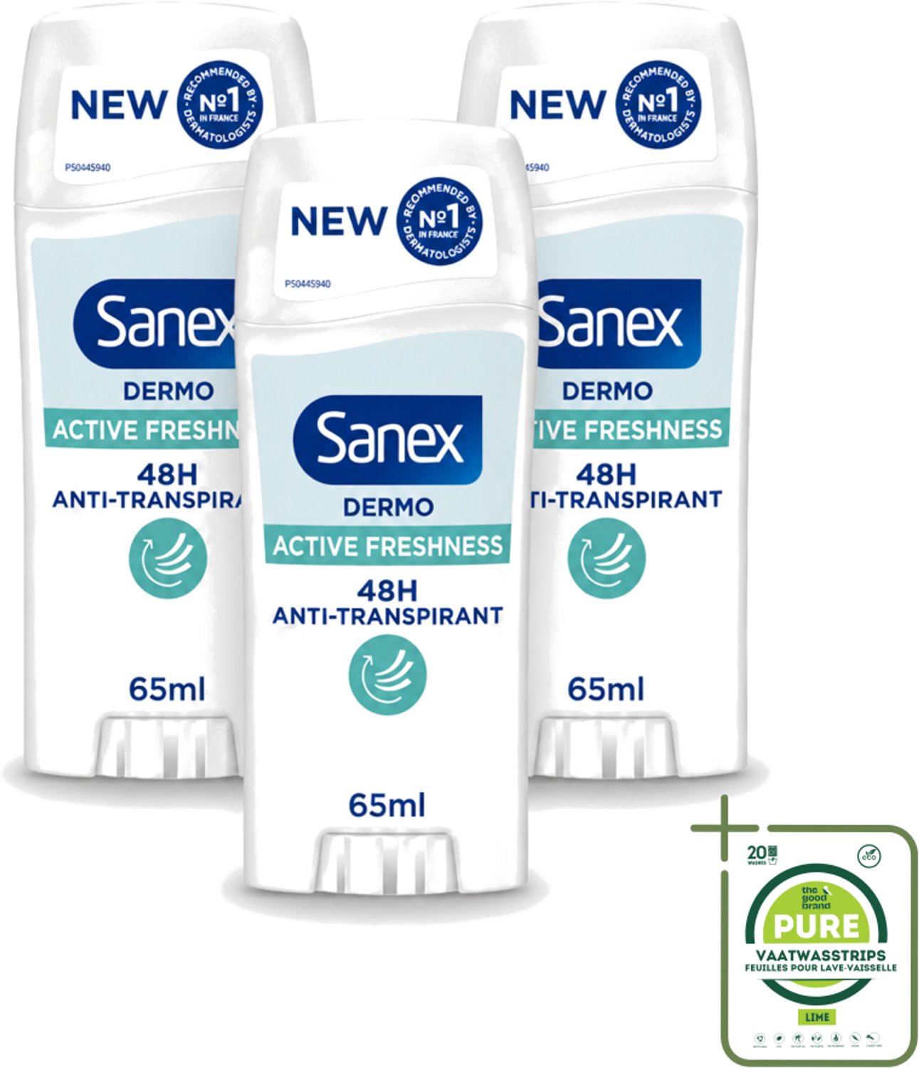 3 x Sanex – Deodorant Stick – Dermo Active Freshness – 65 ml - Grootverpakking - Vaatwasstrips - Deodorantstick - Frisheid - Huidbescherming - Zachte Textuur - Langdurige Frisheid