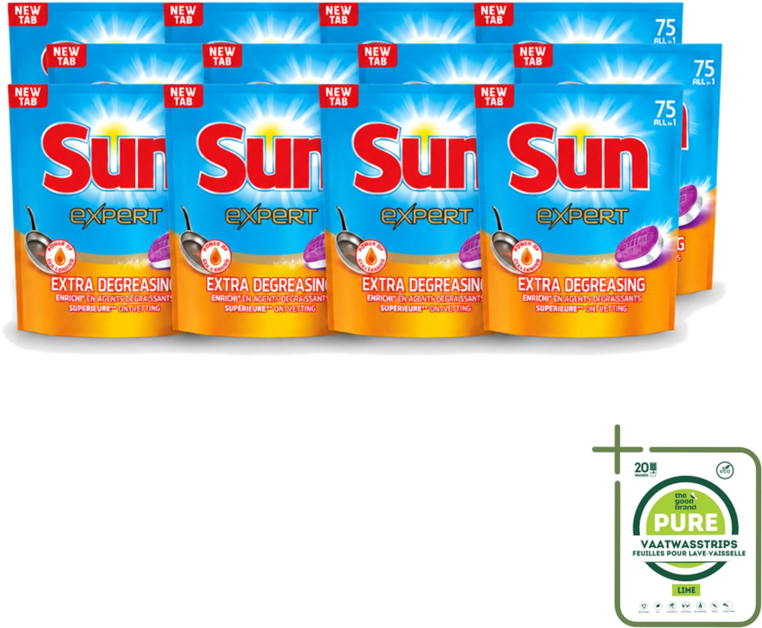 12 x Sun Expert - All-in-1 - Vaatwastabletten - Extra Ontvettend - 75 Tabletten - Grootverpakking - Vaatwasstrips - Vaatwastabletten - Vaatwasmiddel - Ontvetting - Vaatwasser - Vaat Reinigen