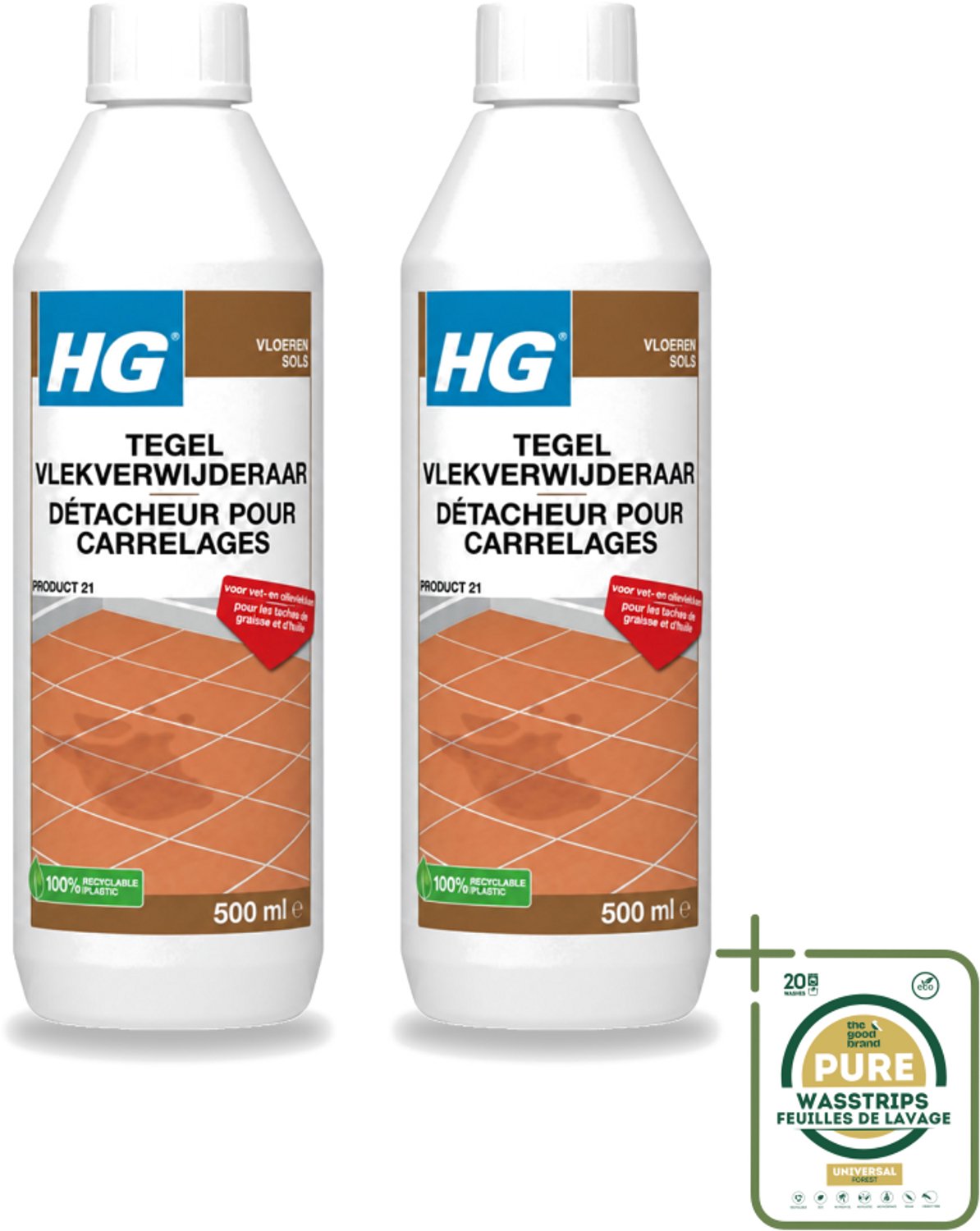 2 x HG - Vloeren - Tegel Vlekverwijderaar - Voor Vet & Olievlekken - 500 ml - Wasstrips - Vlekverwijderaar Tegel - Vetvlek Verwijderen - Olievlek Verwijderen - Vloer Reinigen - Vlekken Verwijderen