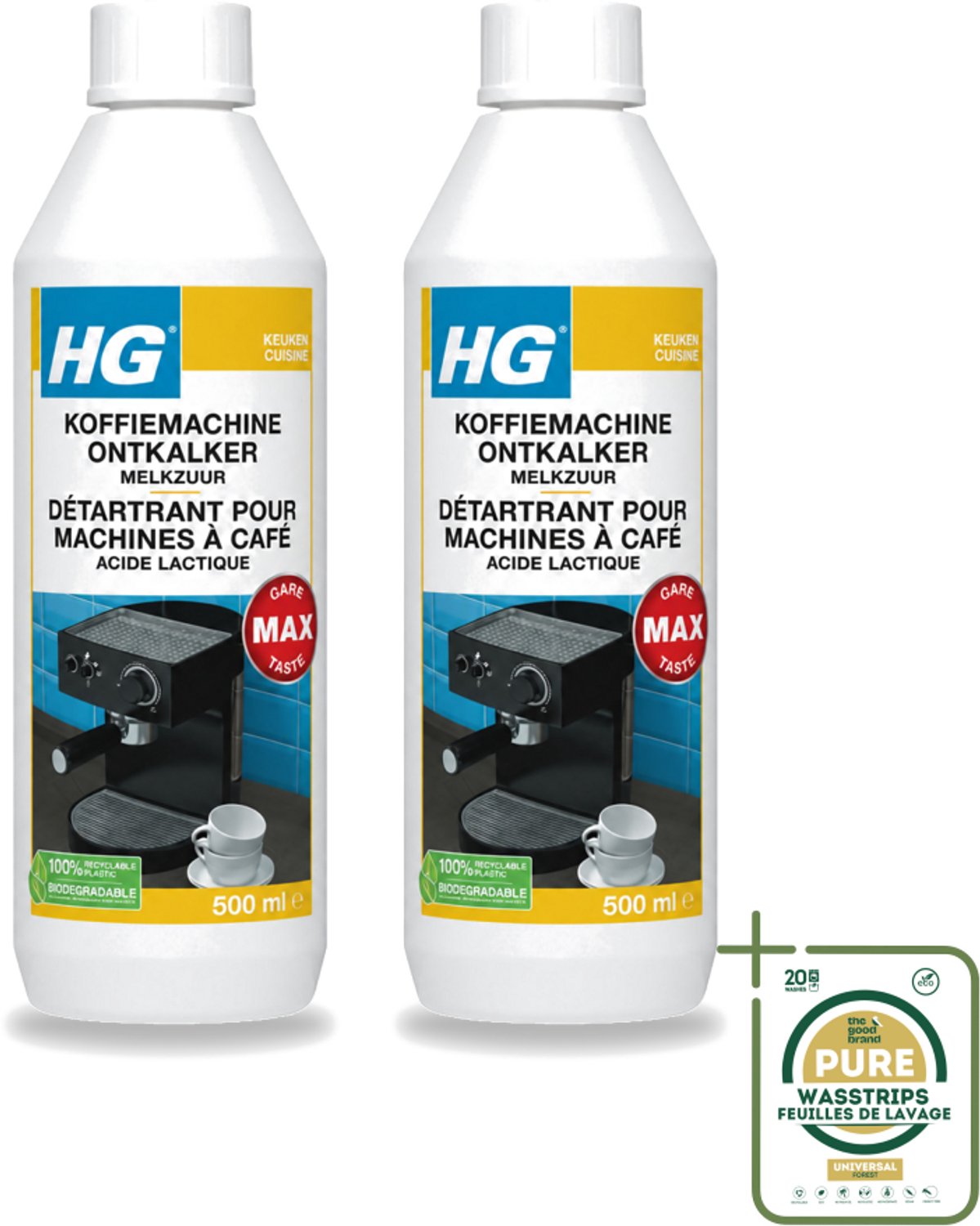2 x HG - Koffiemachine Ontkalker - Op Basis Van Melkzuur - 4 tot 5 Reinigingsbeurten - 500 ml - Wasstrips - Koffiemachine Ontkalker - Melkzuur Ontkalker - Espresso Machine Ontkalker - Padkoffiemachine Ontkalker - Kalkverwijdering