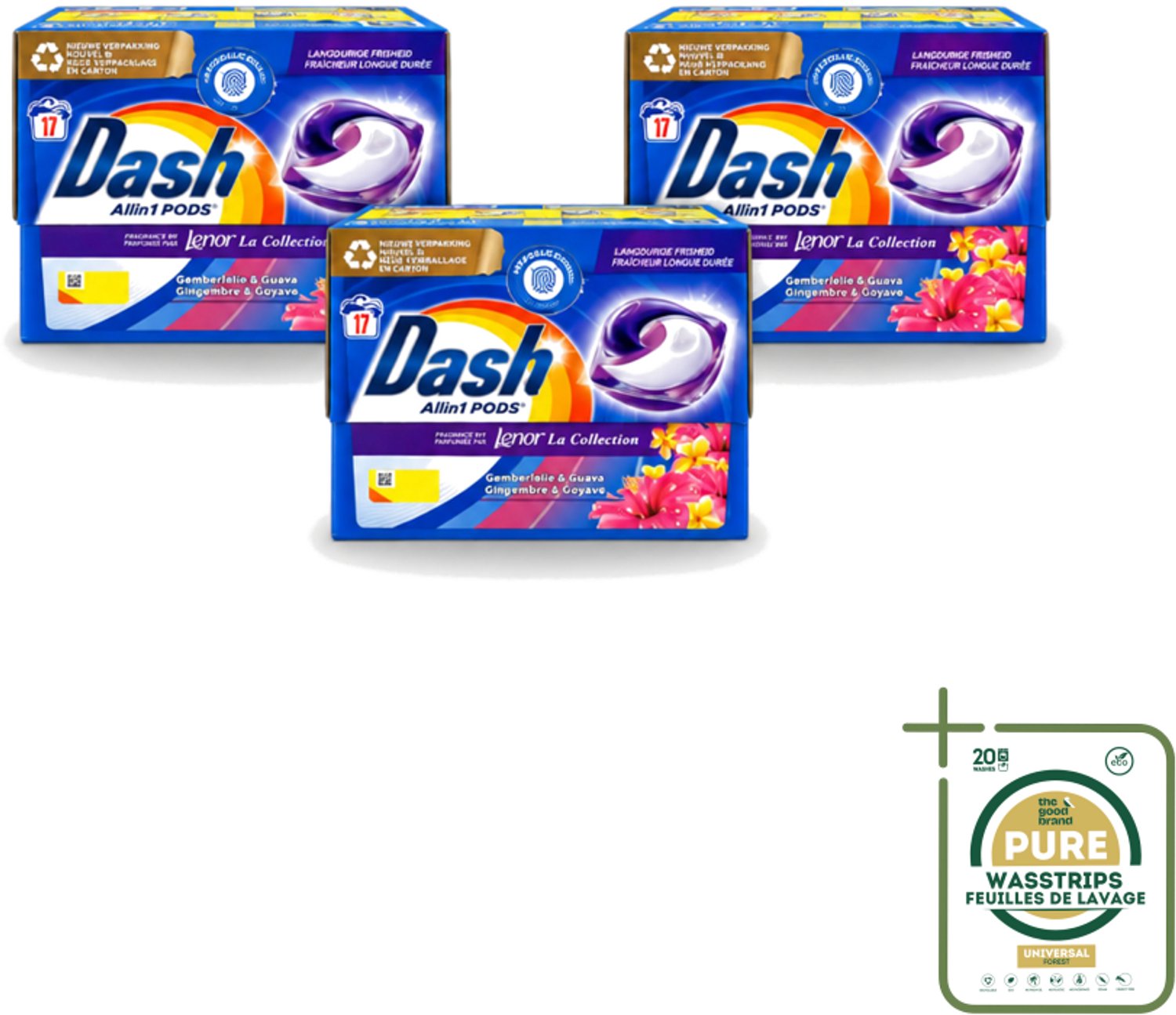 3 x Dash - Lenor Collectie - Wasmiddel Capsules - All-in-1 Pods - Witte en Gekleurde Was - Gemberlelie & Guava - 17 Wasbeurten - Wasstrips - Wasmiddel Capsules - Wasmiddel Pod - Wasmiddel Wit - Wasmiddel Gekleurd - Wasmiddel Frisheid