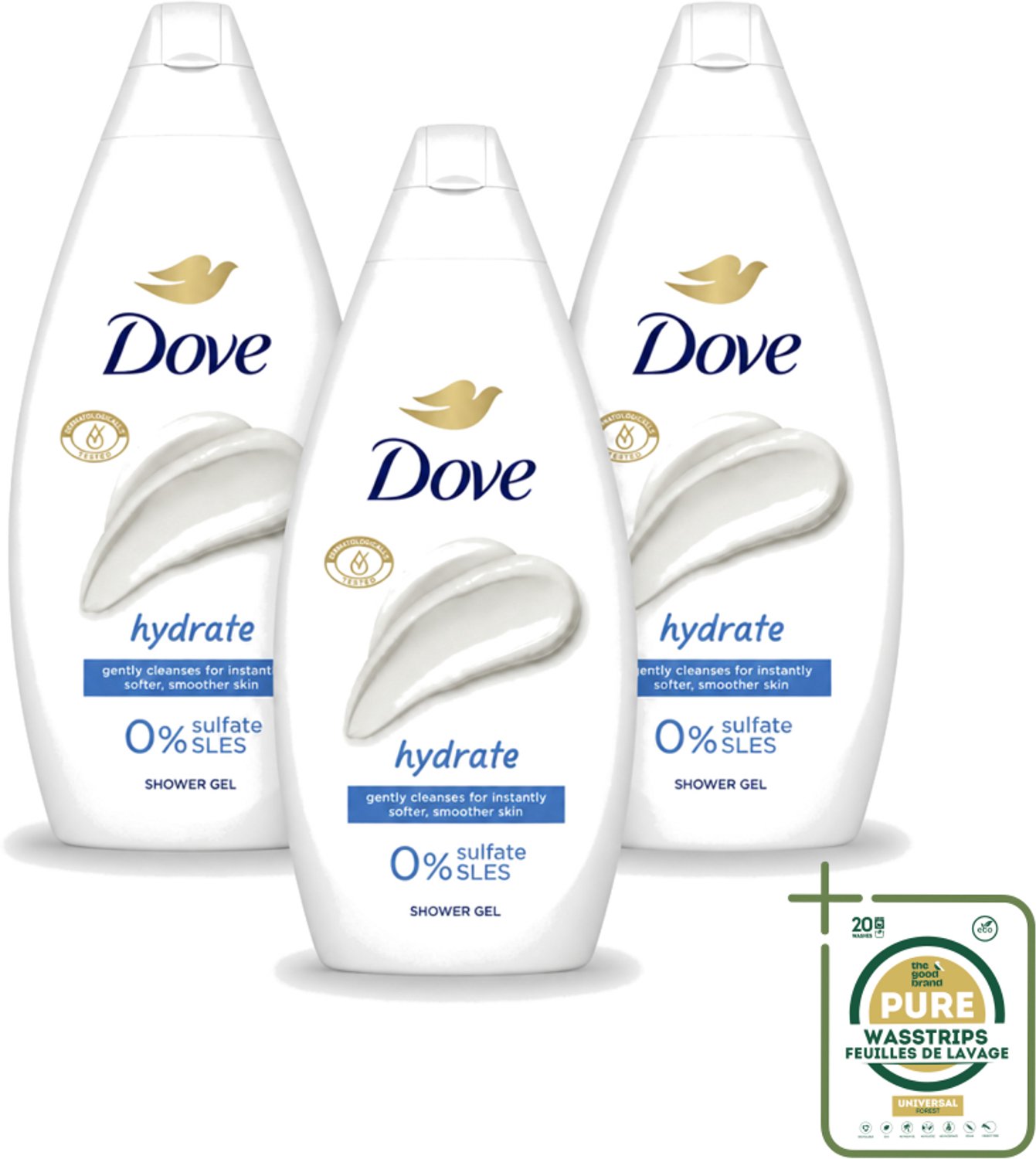 3 x Dove Hydrate - Douchegel - Sulfaatvrij - 250 ml - Wasstrips - Hydraterende Douchegel - Sulfaatvrije Douchegel - Zachte Huid - Huidverzorging - Huidhydratatie