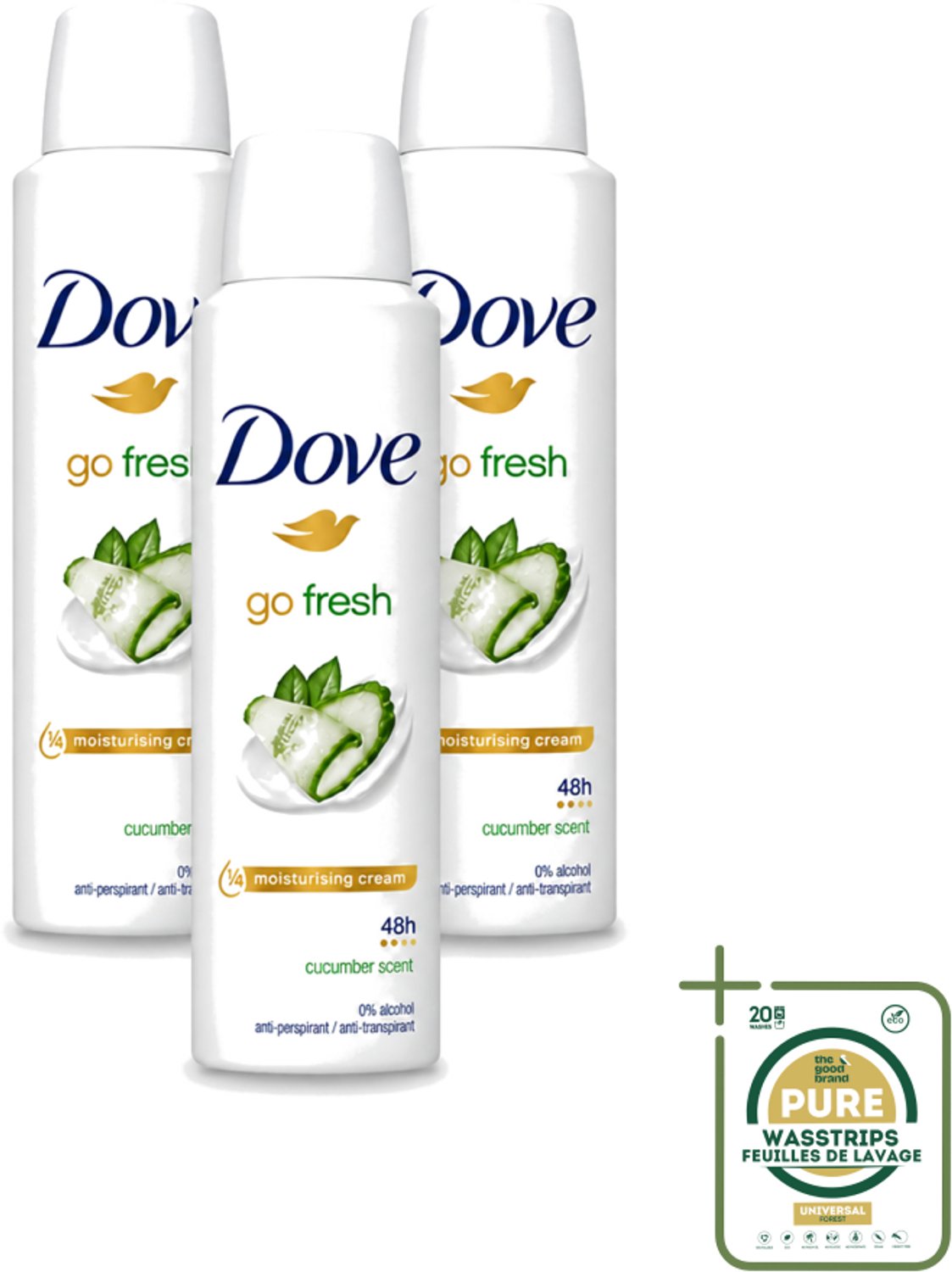 3 x Dove Go Fresh - Deospray - Komkommer - 150 ml - Wasstrips - Dove Go Fresh Deospray - Komkommer - Geur - Deodorant - Transpiratie