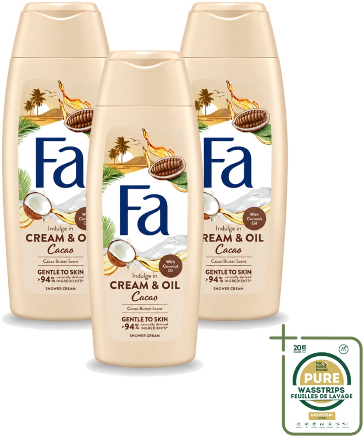 3 x Fa - Cream & Oil Cacao - Douchecrème - Cacaoboter Met Kokosolie - 250 ml - Wasstrips - Douchecrème - Cacaoboter - Kokosolie - Huid Verzorging - Hydratatie
