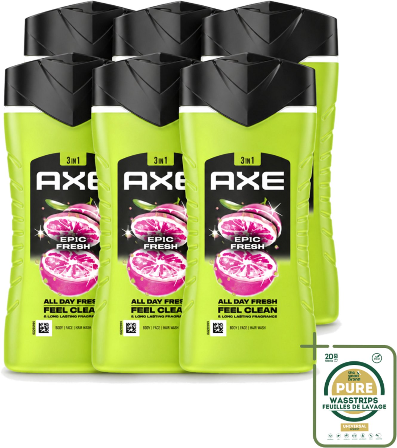 6 x Axe - 3-in-1 Douchegel - Epic Fresh - Grapefruit & Tropical Pineapple - Fresh Boost - 250 ml - Wasstrips - Douchegel - Frisheid - Geur - Lichaam - Gezicht