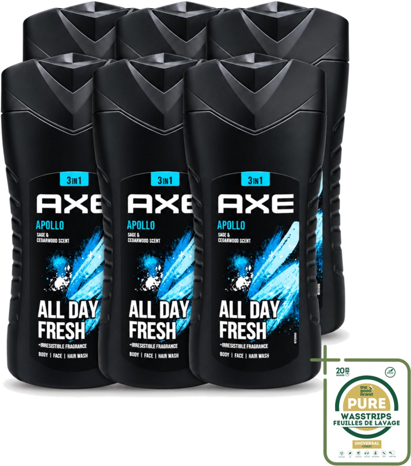 6 x Axe - 3-in-1 Douchegel - Apollo - Sage & Cedarwoord - All Day Fresh - 400 ml - Wasstrips - Douchegel - Lichaam - Gezicht - Haar - Salie