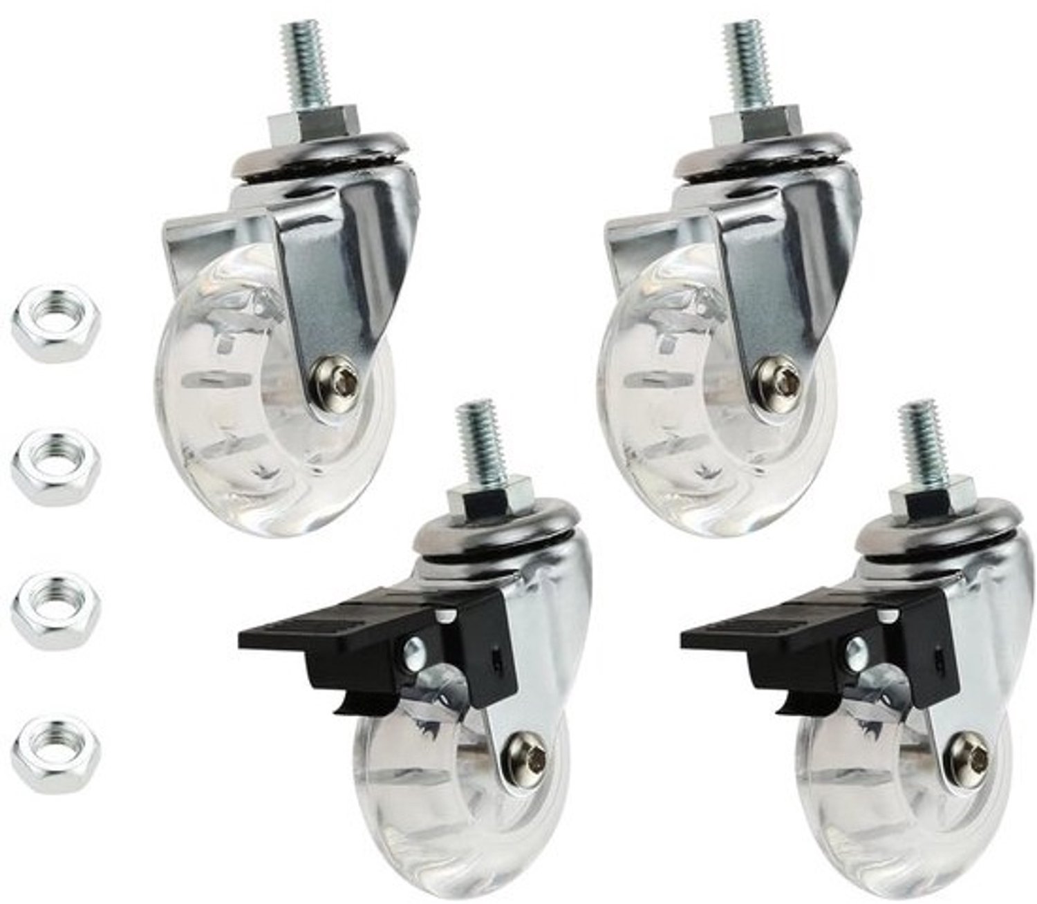 Zwenkwielen 4 stuks - Wielen met rem - Meubels verplaatsen - Met schroefdraad - 50 mm diameter - Transparant
