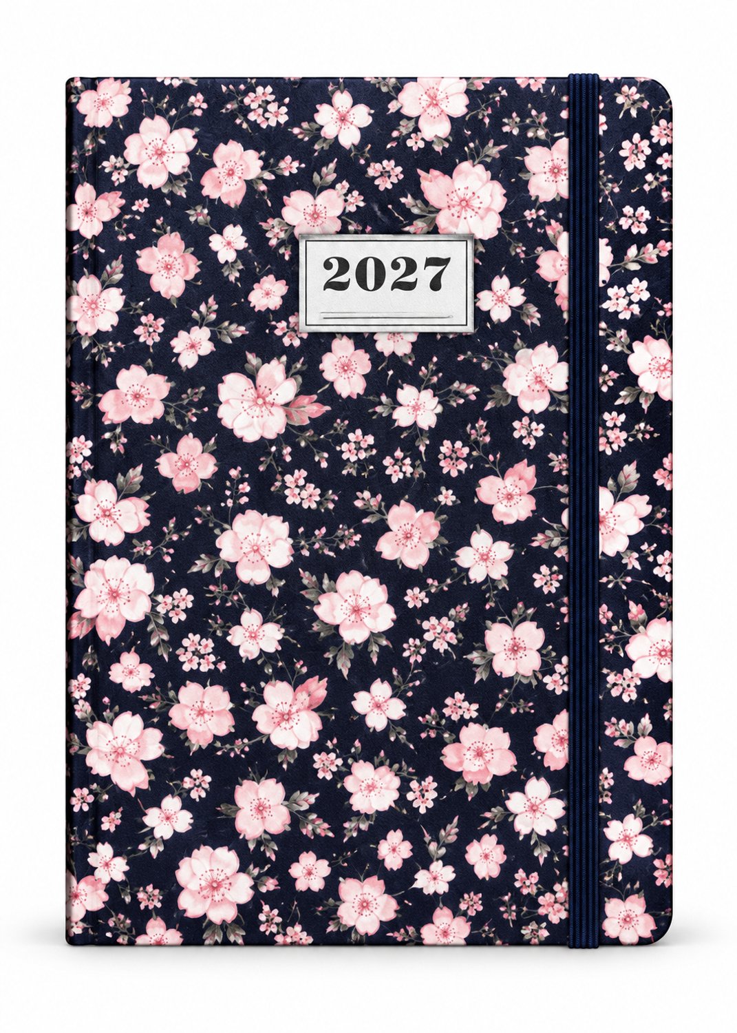 Weekagenda 2027 A5 – 1 week op 2 pagina’s – Harde Kaft en Elastiek Sluiting - Bloemen Donker Blauw
