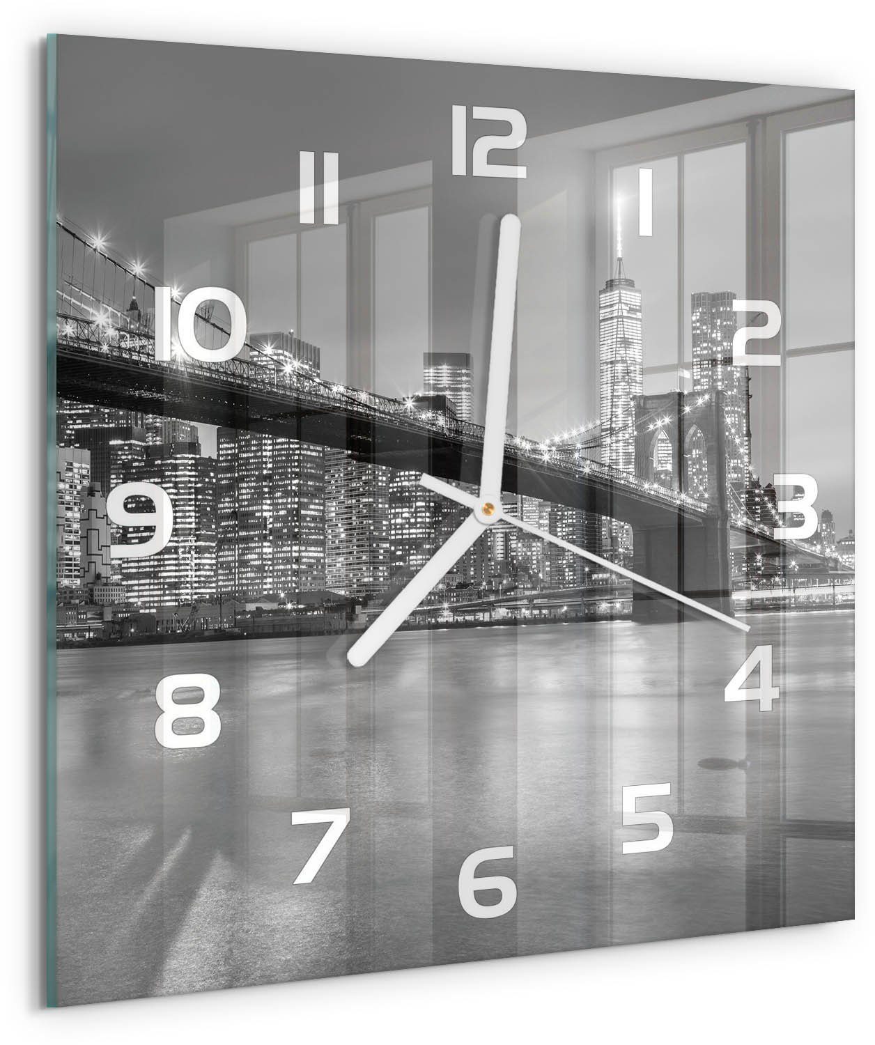 TULUP Wandklok - New York 's nachts Klok Glas Met Opdruk - 30x30 cm - Zwart-wit Moderne Wandklok Glas - Witte handen - Vierkante Klok - Decoratieve Glazen Klok - Glazen Wandklok Design