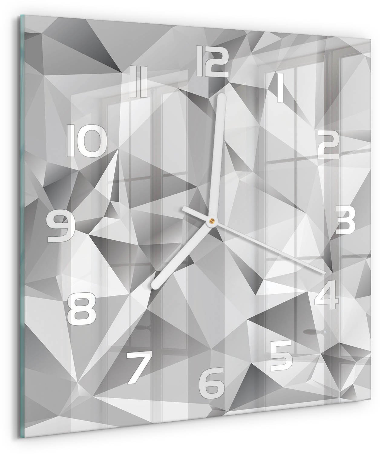 TULUP Wandklok - 3D-abstractie Decoratieve Glazen Klok - 30x30 cm - Grijs Glazen Wandklok Design - Witte handen - Vierkante Klok - Glazen Klok Met Print - Wandklok Glas Met Motief