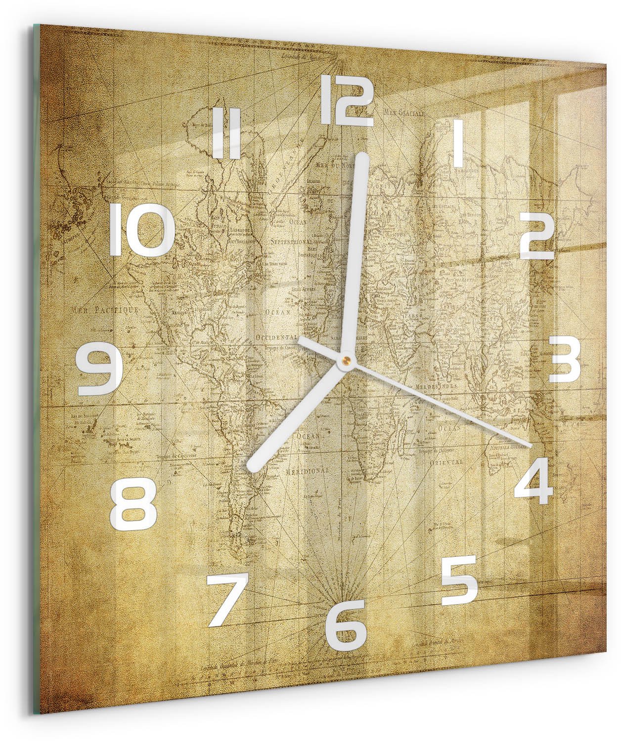 Tulup Wandklok - Oude wereldkaart Decoratieve Glazen Klok - 30x30 cm - Beige Glazen Wandklok Design - Witte handen - Vierkante Klok - Glazen Klok Met Print - Wandklok Glas Met Motief