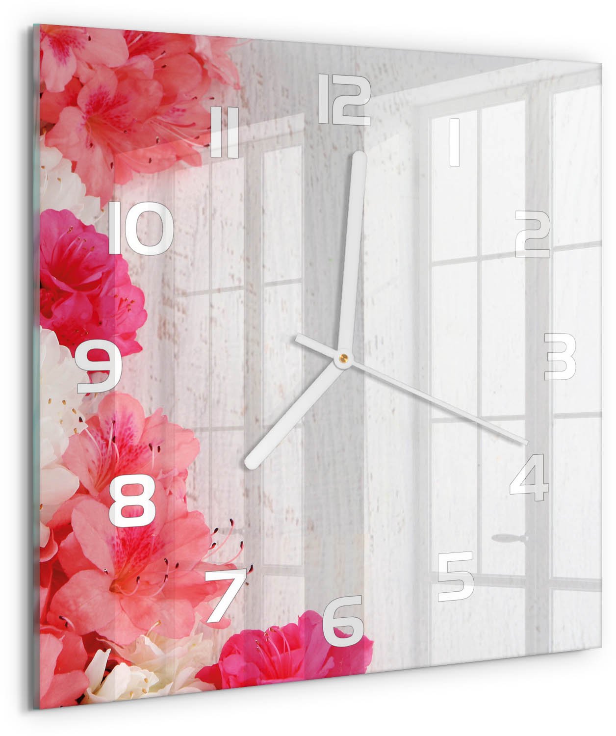 Tulup Wandklok - Bloemen Glazen Wandklok Design - 30x30 cm - Roze Klok Glas Met Opdruk - Witte handen - Vierkante Klok - Wandklok Glas Met Motief - Decoratieve Glazen Klok