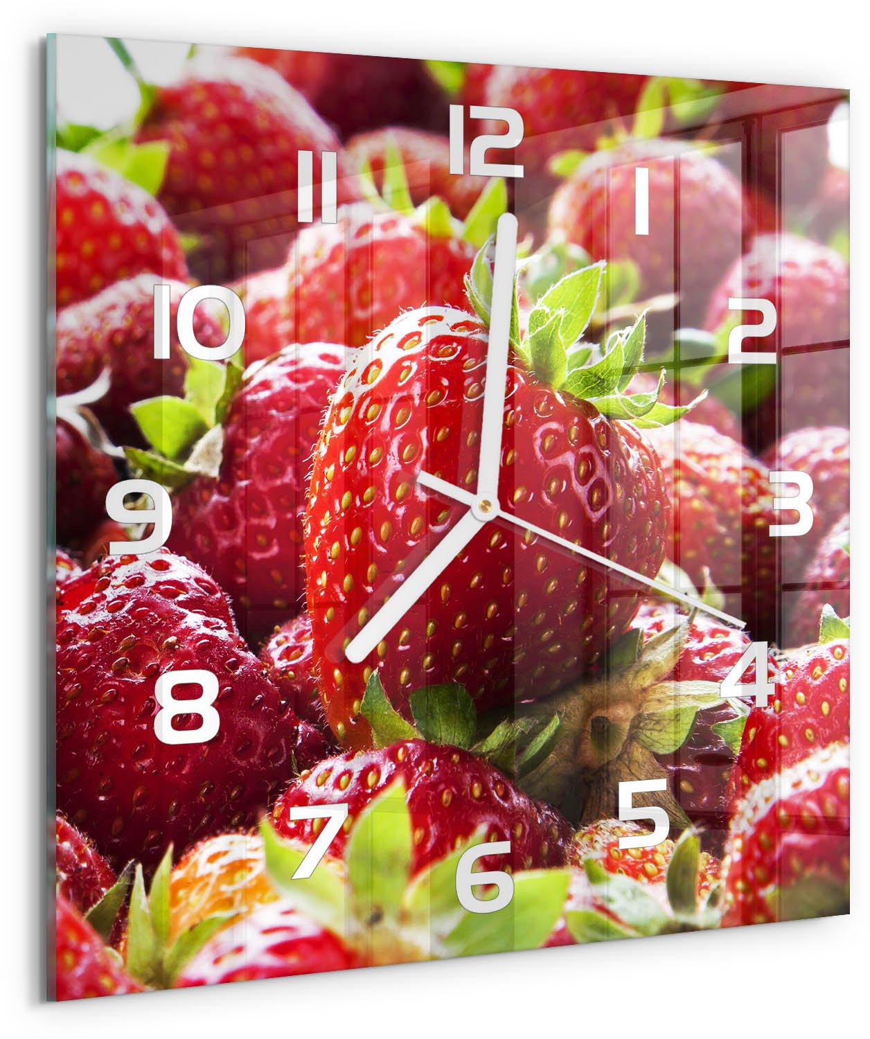Tulup Wandklok - Aardbeien Gekleurde Glazen Klok - 30x30 cm - Rood Glazen Klok Met Print - Witte handen - Vierkante Klok - Moderne Wandklok Glas - Wandklok Glas Decoratie