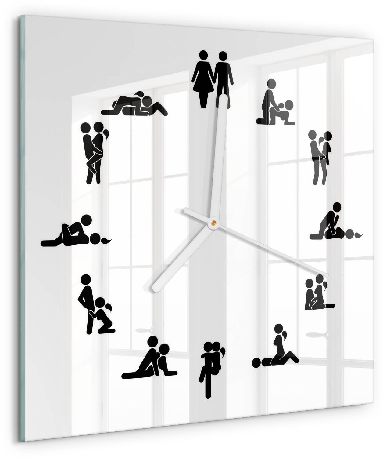 TULUP Wandklok - Kama Sutra Decoratieve Glazen Klok - 30x30 cm - Wit Glazen Wandklok Design - Witte handen - Vierkante Klok - Glazen Klok Met Print - Wandklok Glas Met Motief