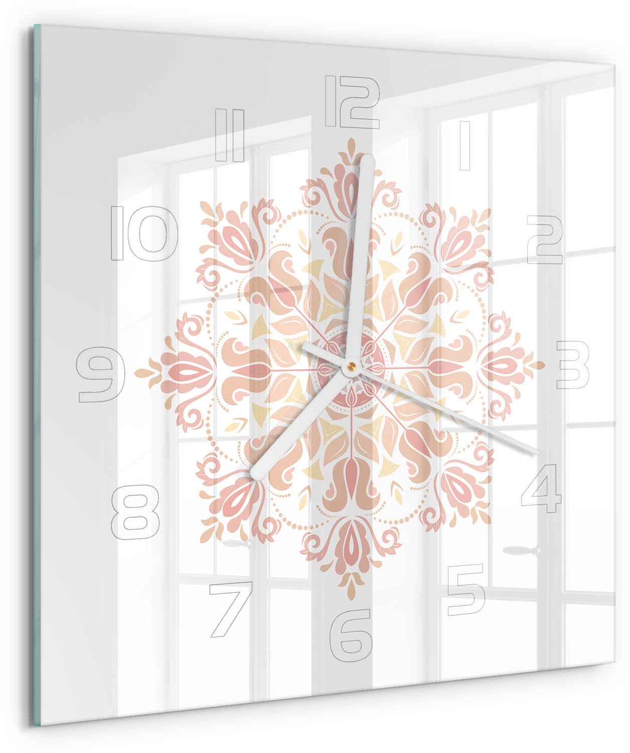 Tulup Wandklok - Decoraties Glazen Klok Met Print - 30x30 cm - Beige Wandklok Glas Met Motief - Witte handen - Vierkante Klok - Wandklok Glas Decoratie - Gekleurde Glazen Klok