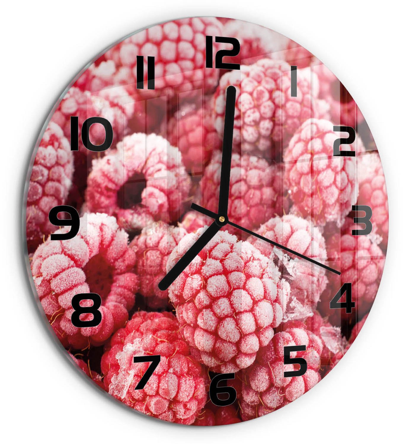 TULUP Wandklok - Bevroren frambozen Moderne Wandklok Glas - fi30 cm - Rood Wandklok Glas Decoratie - Zwarte handen - Ronde Klok - Glazen Wandklok Design - Klok Glas Met Opdruk