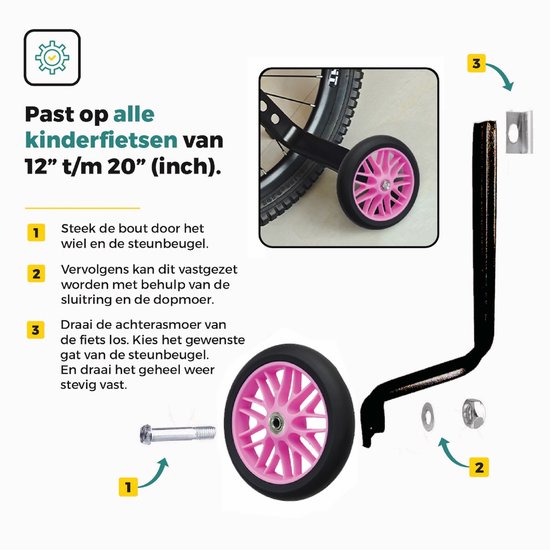 Installatie-instructies voor zijwieltjes op kinderfietsen van 12 tot 20 inch.