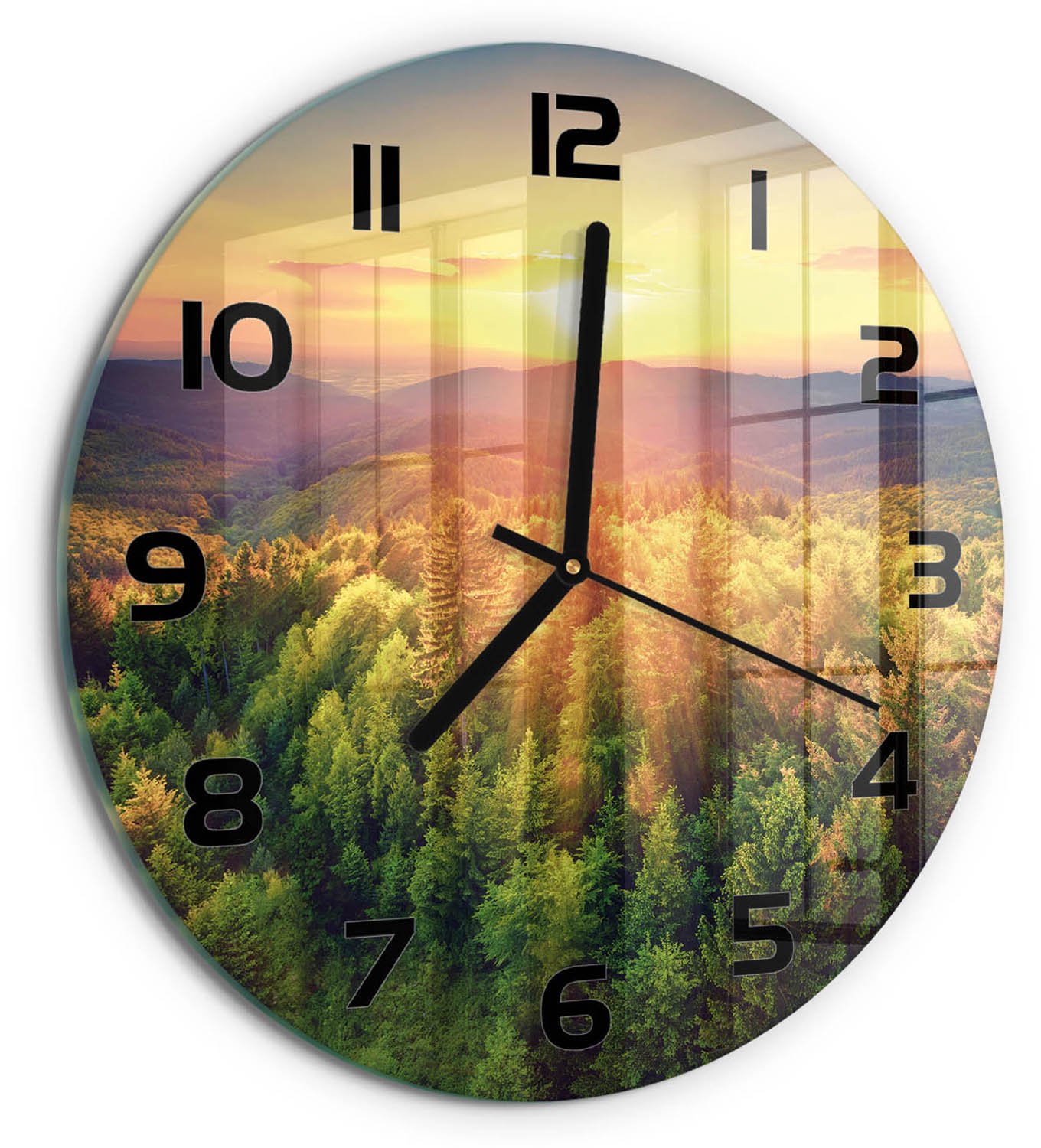 TULUP Wandklok - Zonsondergang in het bos Wandklok Glas Decoratie - fi30 cm - Geel Gekleurde Glazen Klok - Zwarte handen - Ronde Klok - Klok Glas Met Opdruk - Moderne Wandklok Glas