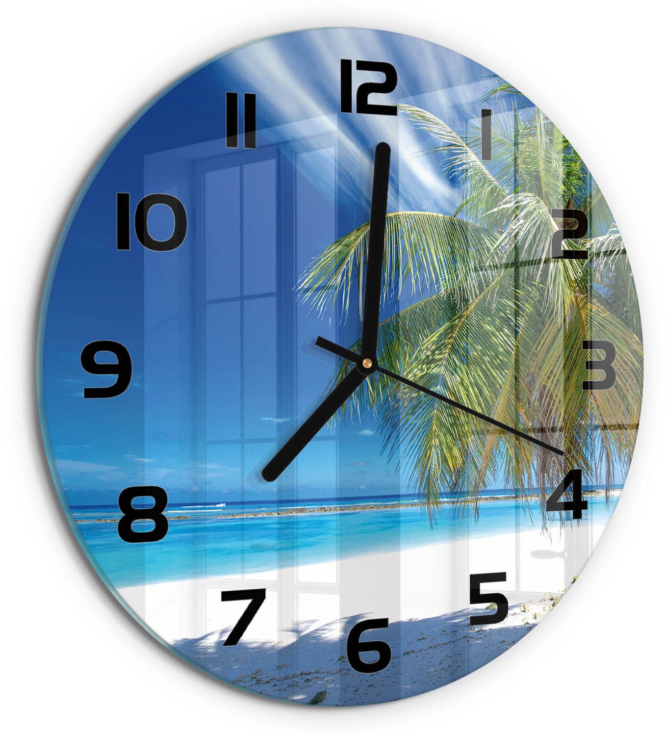 TULUP Wandklok - Tropisch strand Wandklok Glas Decoratie - fi30 cm - Blauw Gekleurde Glazen Klok - Zwarte handen - Ronde Klok - Klok Glas Met Opdruk - Moderne Wandklok Glas