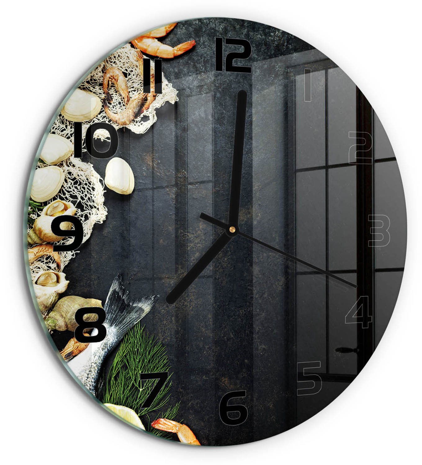 TULUP Wandklok - Zeevruchten Glazen Wandklok Design - fi30 cm - Zwart Klok Glas Met Opdruk - Zwarte handen - Ronde Klok - Wandklok Glas Met Motief - Decoratieve Glazen Klok