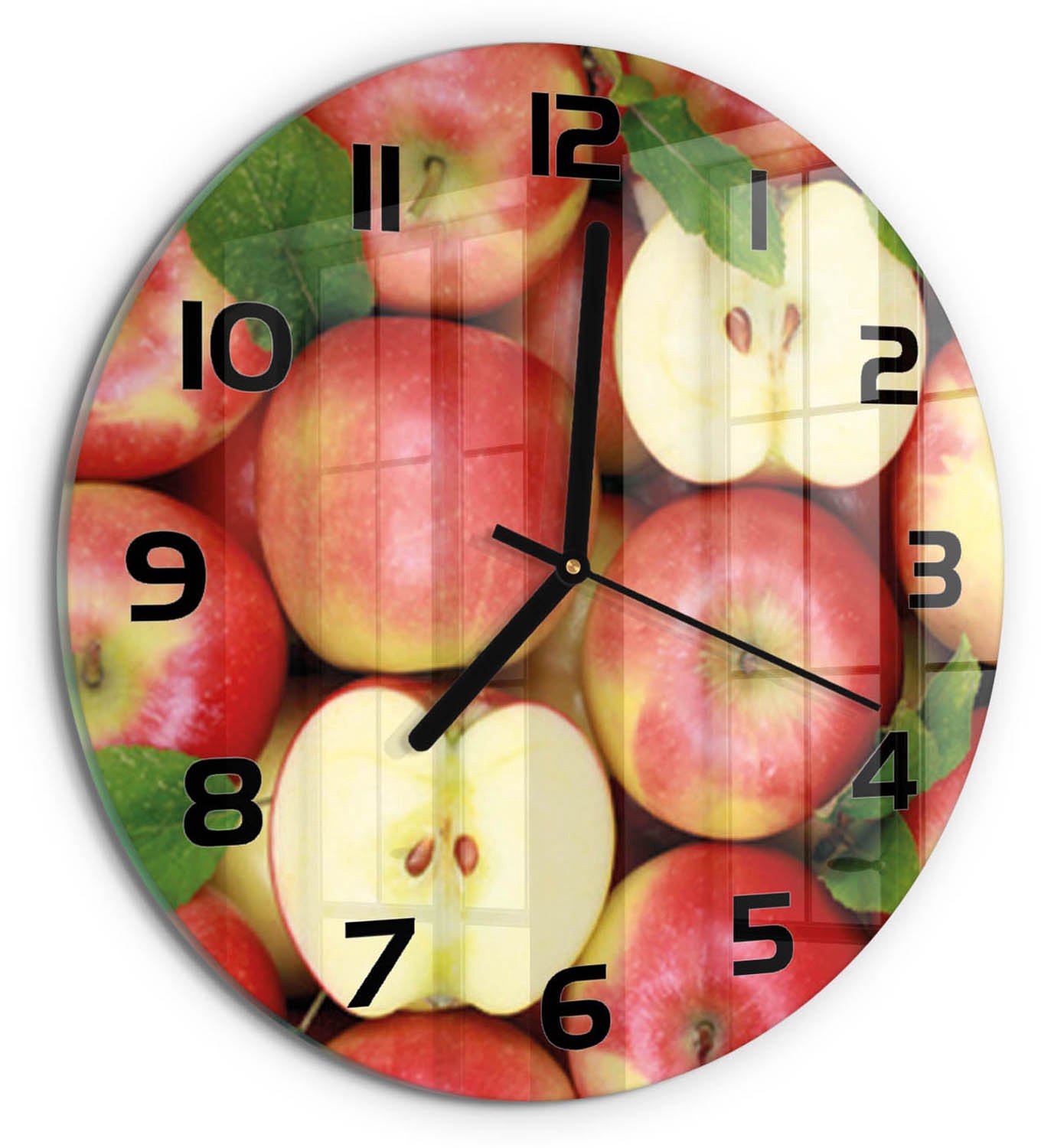 TULUP Wandklok - Appels Decoratieve Glazen Klok - fi30 cm - Rood Glazen Wandklok Design - Zwarte handen - Ronde Klok - Glazen Klok Met Print - Wandklok Glas Met Motief