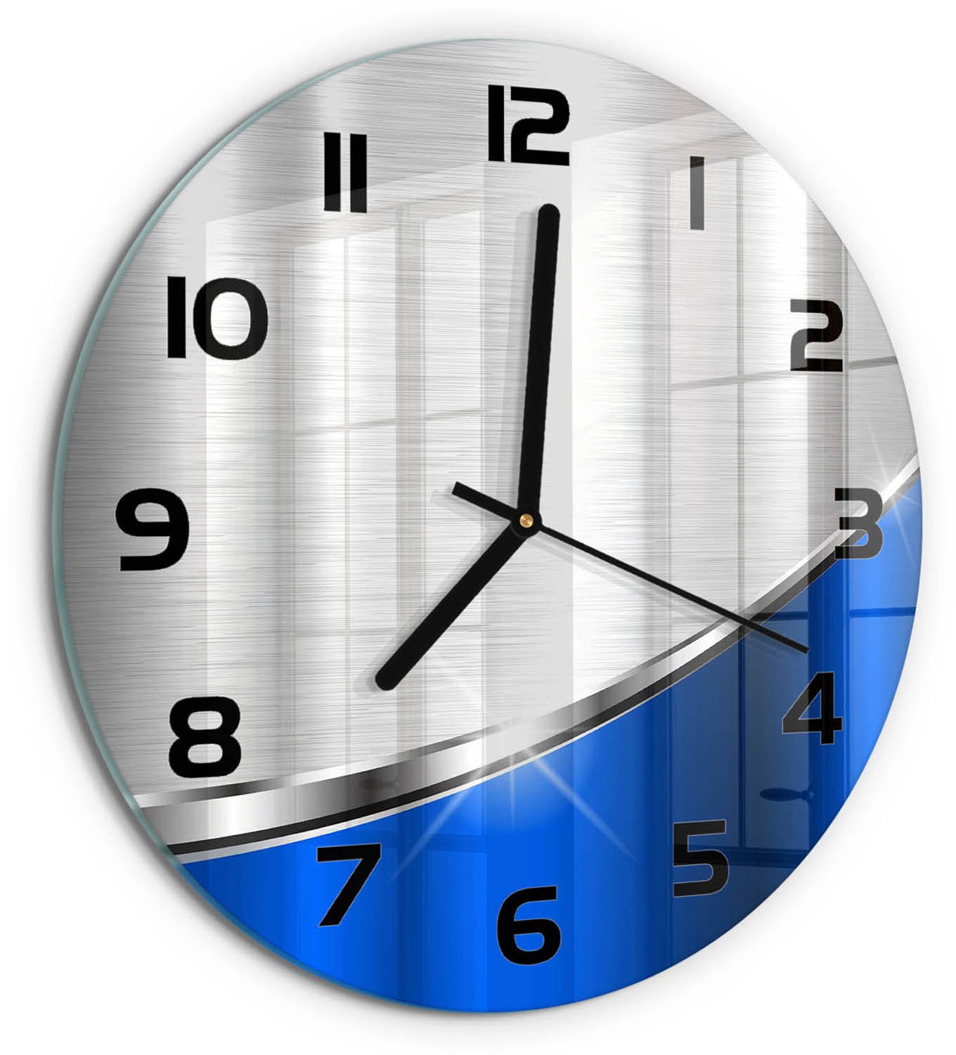 TULUP Wandklok - Metaalabstractie Decoratieve Glazen Klok - fi30 cm - Blauw Glazen Wandklok Design - Zwarte handen - Ronde Klok - Glazen Klok Met Print - Wandklok Glas Met Motief