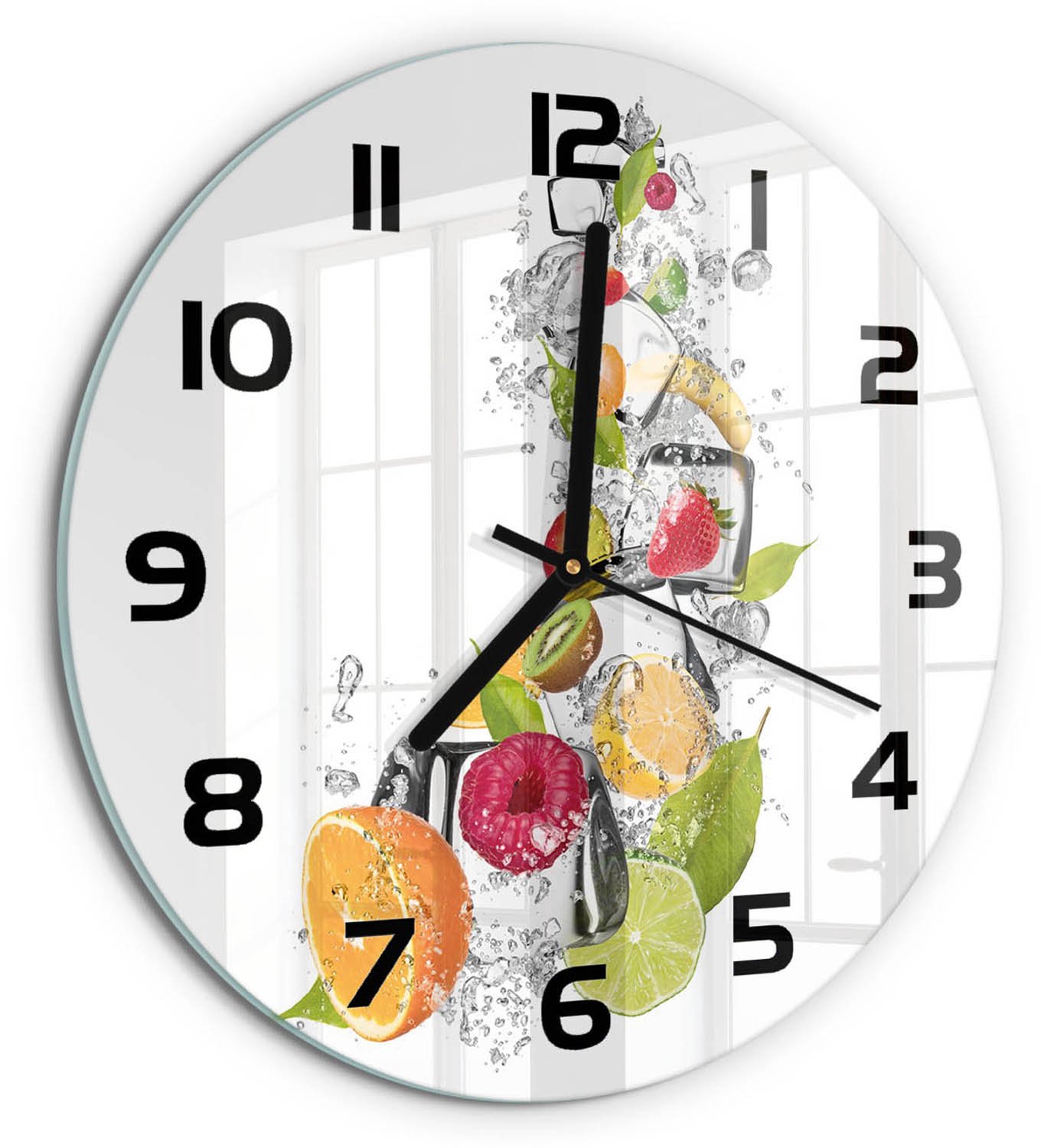 TULUP Wandklok - Fruit met ijs Decoratieve Glazen Klok - fi30 cm - Veelkleurig Glazen Wandklok Design - Zwarte handen - Ronde Klok - Glazen Klok Met Print - Wandklok Glas Met Motief