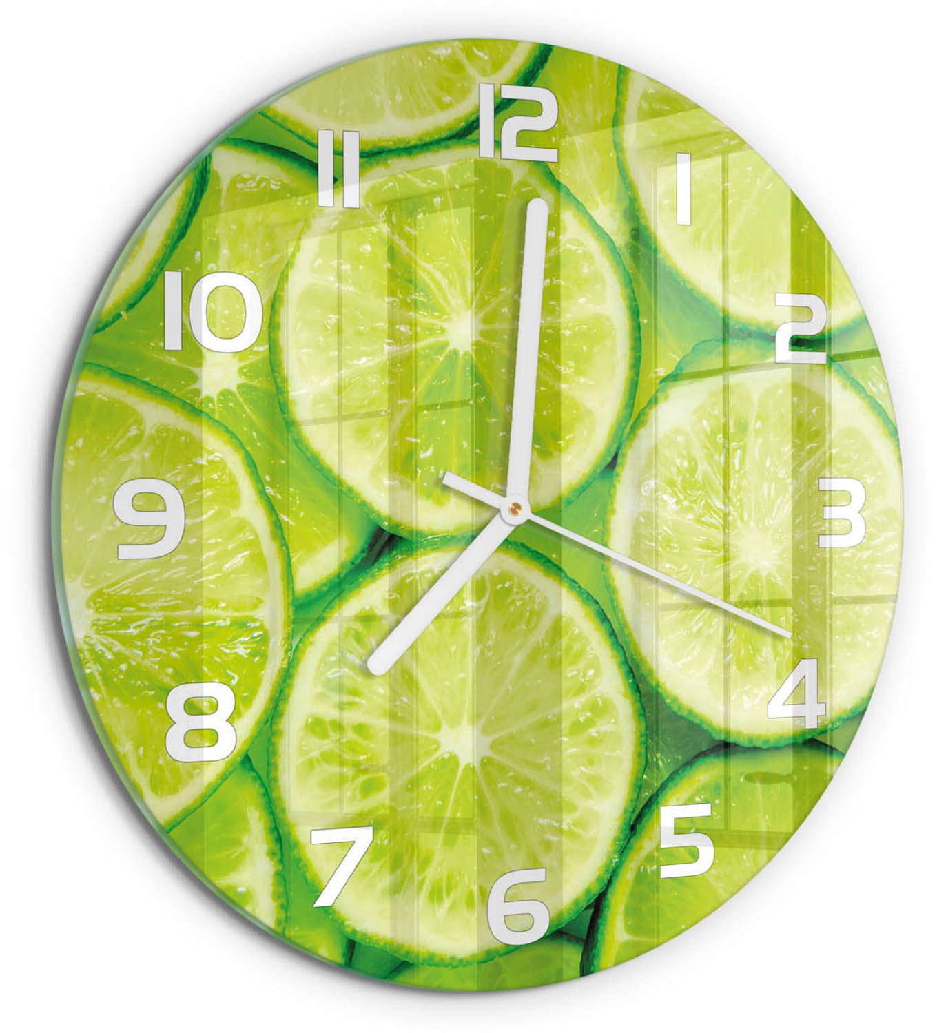 TULUP Wandklok - Limoenen Glazen Klok Met Print - fi30 cm - Groente Wandklok Glas Met Motief - Witte handen - Ronde Klok - Wandklok Glas Decoratie - Gekleurde Glazen Klok